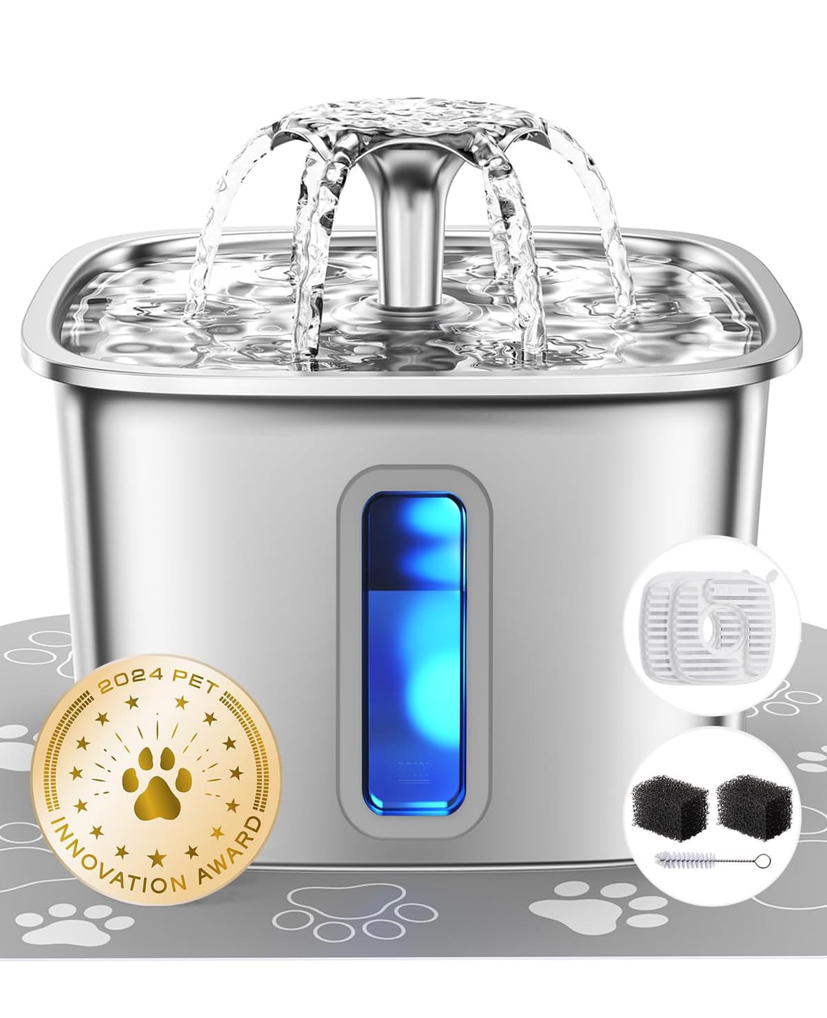 Veken Innovation Award Winner Stainless Steel Cat Water Fountain, 108oz/3.2L Automatic Pet Fountain Dog Water Dispenser with 3 Replacement Filters & Silicone Mat, Gifts for Cats, Dogs (Silver) — view 10