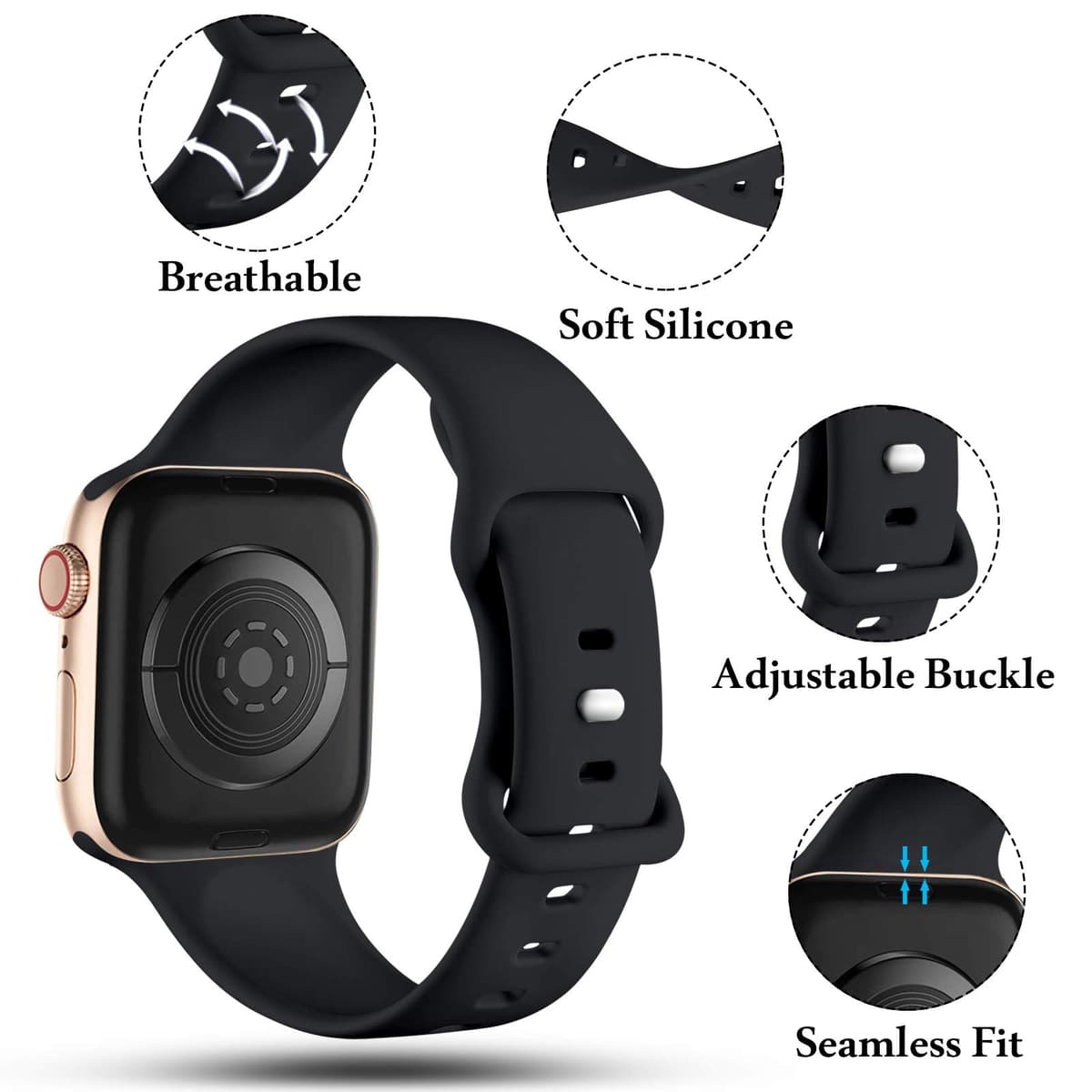 CeMiKa Compatible with Apple Watch Strap 41mm 40mm 38mm 42mm, Silicone Sport Band Replacement Straps Compatible with Apple Watch Series 11 10 9 8 7 6 5 4 3 2 1 SE SE3/iwatch Strap, Black — view 4