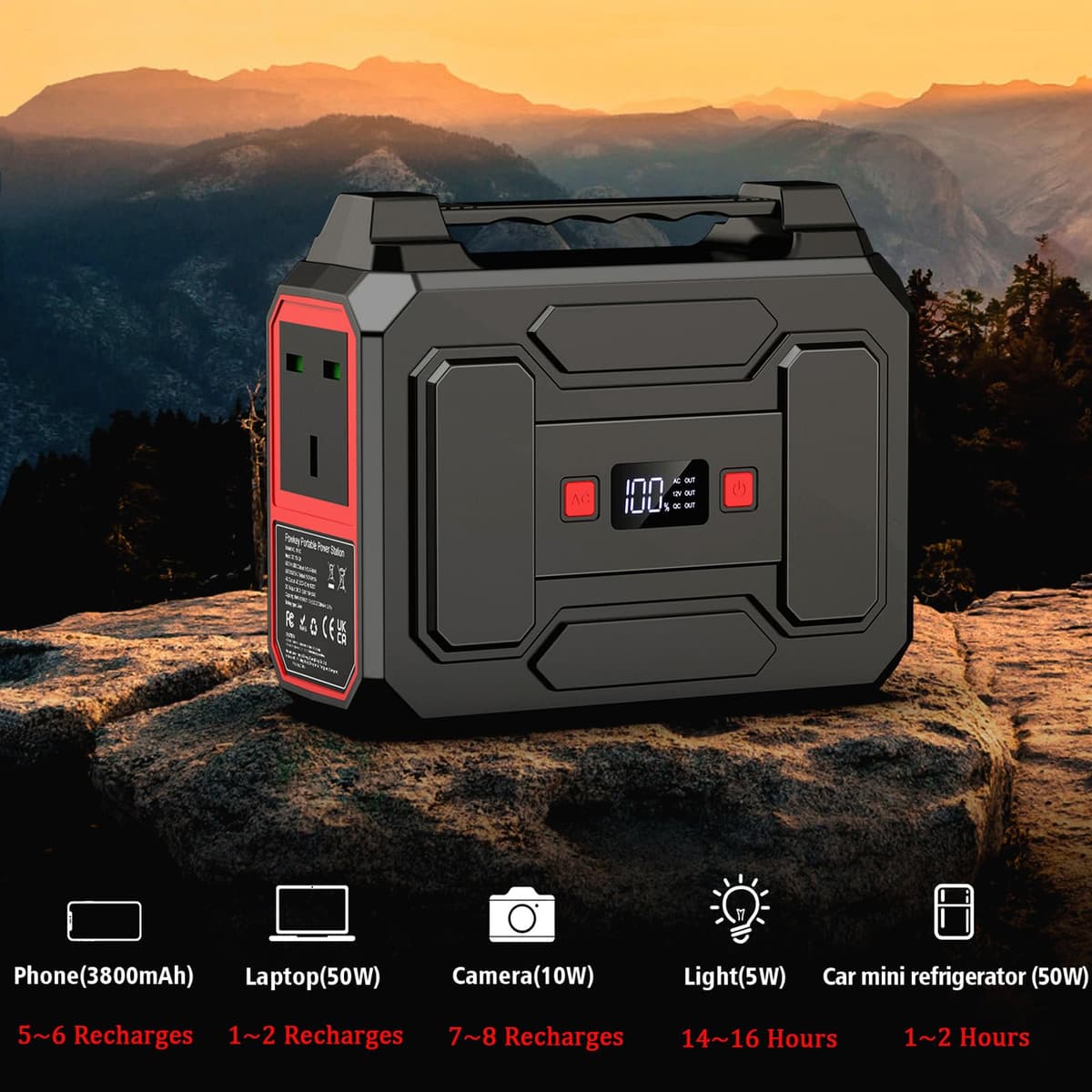 Powkey 99Wh/ 27000mAh Portable Power Station,100W Camping Power Pack,Solar Generator with AC/DC/USB/Type- C Outlet for Outdoors Camping Travel Fishing Emergency Power Supply Red — view 2