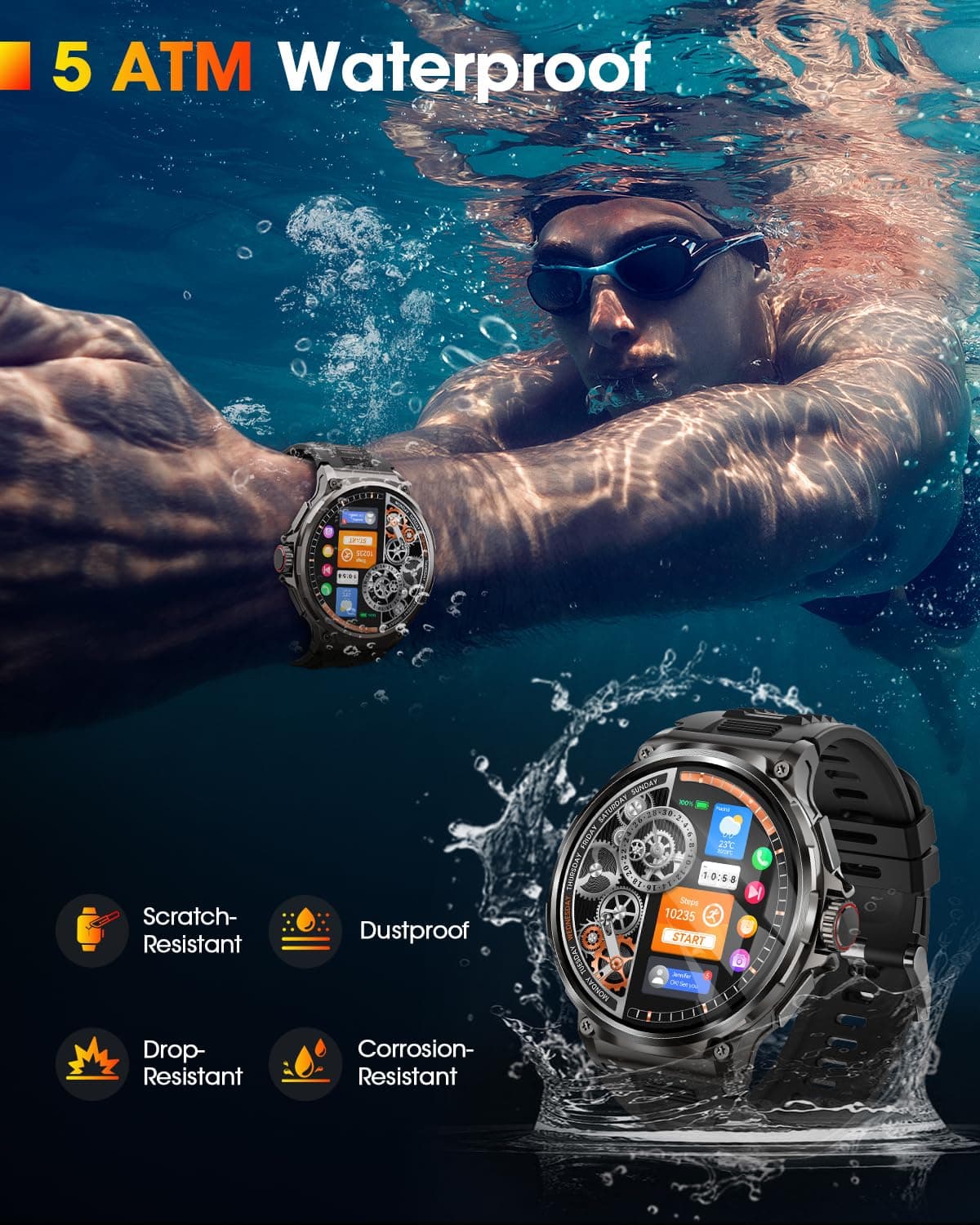 Reloj Inteligente Hombre con 1000mAh Batería, 1.92" AMOLED, 5ATM Impermeable Smartwatch Militar con Llamadas, 120+ Modos Deportivos, 24/7 Pulsómetro/Sueño/Podómetro Pulsera Actividad Android iOS Negro — view 7