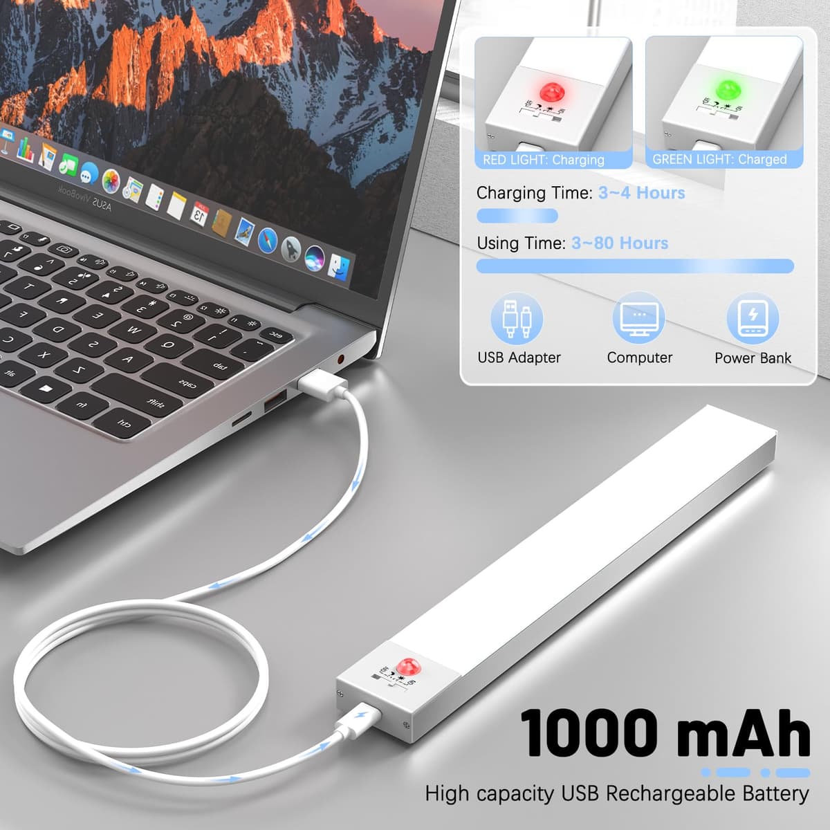 OUILA Luz LED Armario Magnética con Sensor Movimiento Blanco Natural 5000K 36 LEDs 4 Modos Luz LED Adhesiva USB Recargable 1000mAh Luce para Cocina, Armario, Escalera, Pasillo, Garaje-2 Piezas — view 5