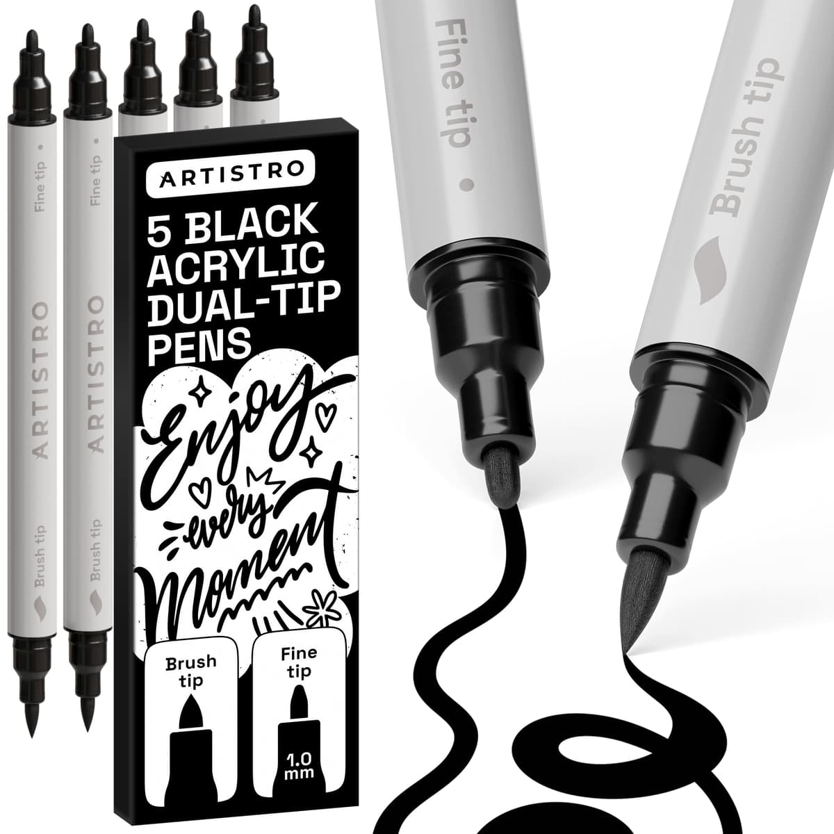 ARTISTRO 5 Black Acrylic Paint Pens – Dual Tip (Brush & Fine) Markers for Fabric, Canvas, Rock, Glass, Wood – Calligraphy, Scrapbook Supplies DIY & Gift for Kids, Teens - Art Set — view 8