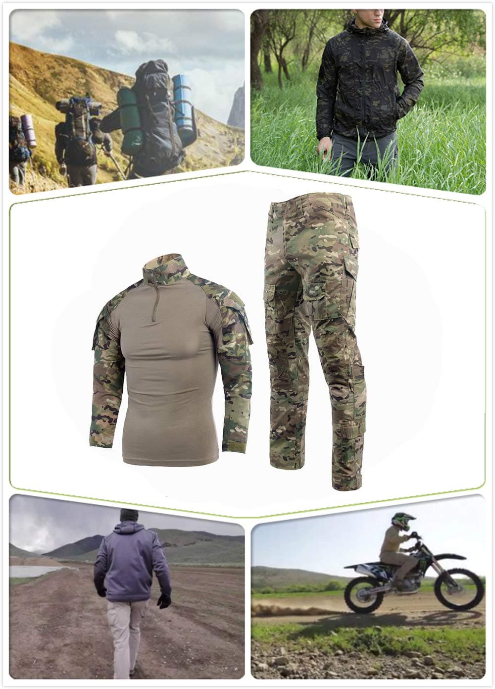 Traje de camuflaje para hombre, camiseta de combate de paintball, pantalones tácticos, manga larga con cremallera 1/4, traje militar, camuflaje al aire libre, ropa de caza BDU.. — view 5