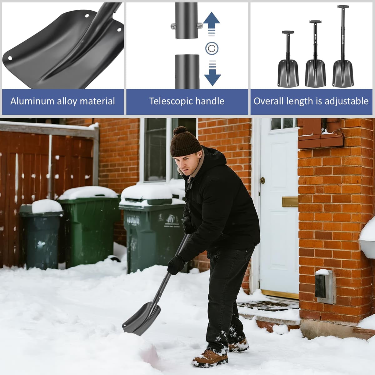 Pala telescópica de emergencia para nieve con raspador de hielo y bolsa de transporte, plegable, de aluminio, de 21.2 a 32.3 pulgadas, pala de emergencia retráctil ligera para coche, moto de nieve — view 5