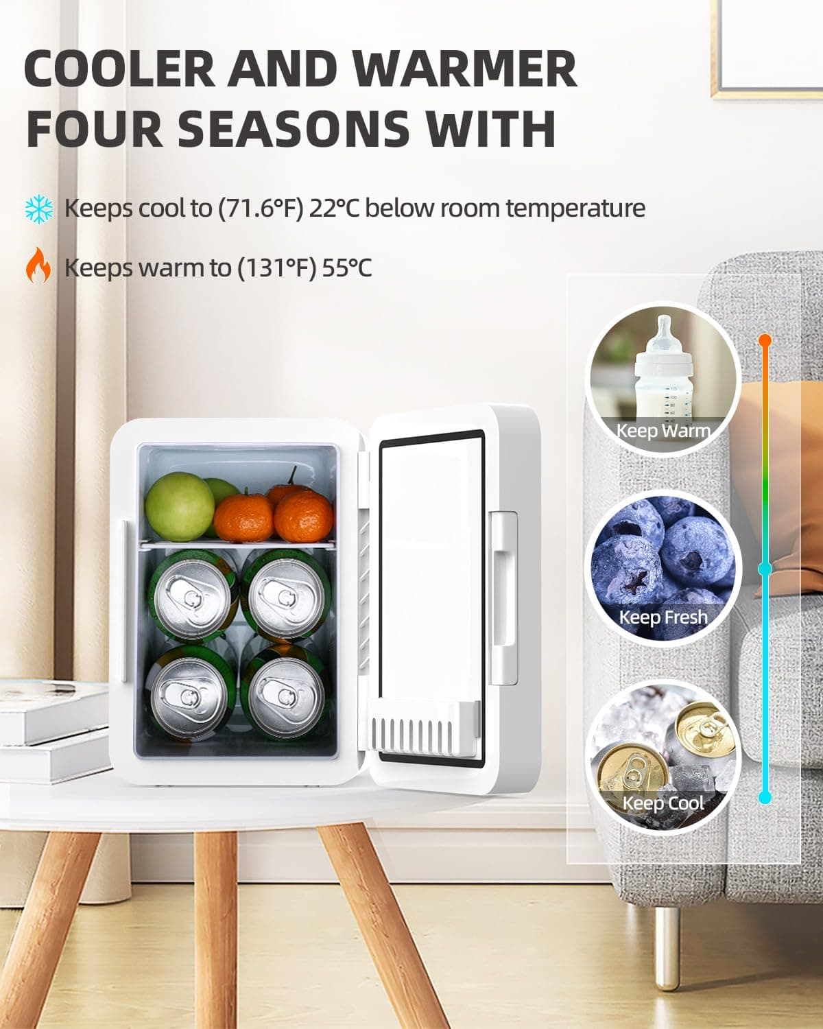 MoraRise 6L Mini Fridge for Bedrooms, Portable Cooler & Warmer Skincare Fridge with LED Mirror, AC/DC Compact Beauty Fridge for Food, Car, Home, Office, Drinks, Cosmetic, Skin care (White, 6L) — view 4