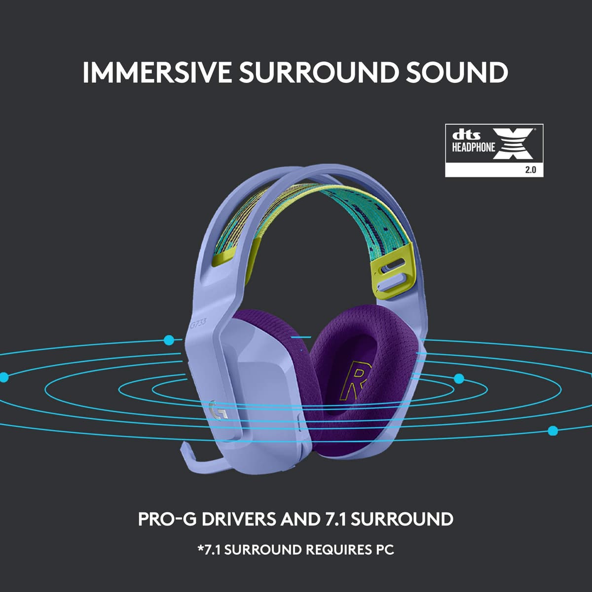 Logitech G G733 LIGHTSPEED Wireless Gaming Headset with suspension headband, LIGHTSYNC RGB, Blue VO,CE mic technology and PRO-G audio drivers, Lightweight, 29 Hour battery life, 20m range - Lilac — view 2