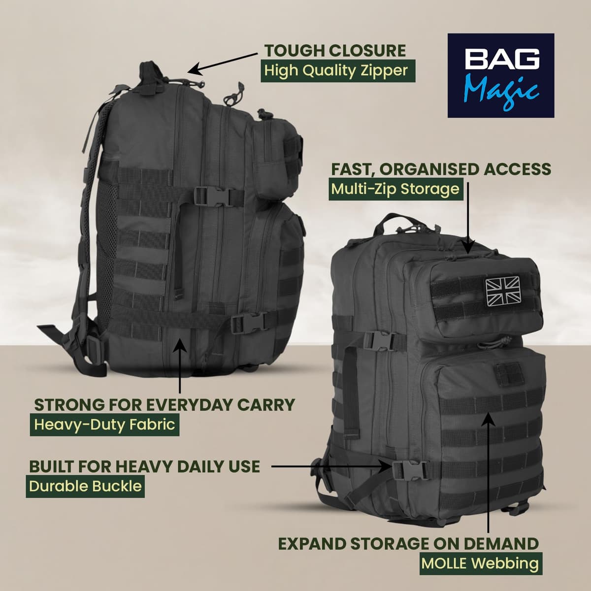 Military Tactical Backpack 21L – Heavy Duty Multi-Pocket MOLLE Rucksack with 180° Opening, Padded Breathable Back Panel, Adjustable Straps & Durable Zip Storage for Travel, Gym & Outdoor Use – Black — view 3