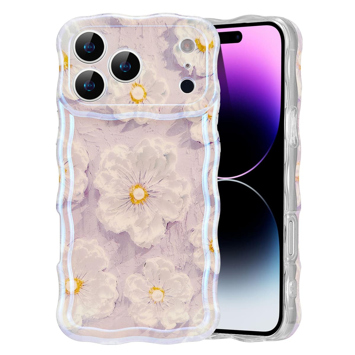 EYZUTAK Case for iPhone 16, Colorful Retro Oil Painting Printed Flower Laser Glossy Pattern Cute Curly Wave Edge Exquisite Phone Cover Stylish Durable TPU Protective Case for Girl Women-Green — view 86