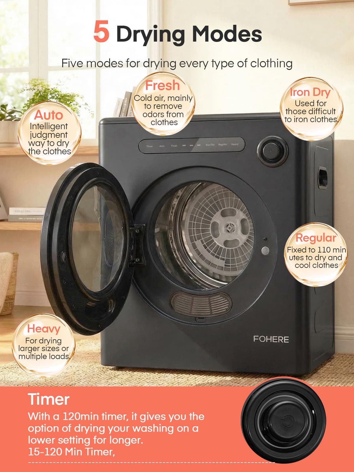 4KG Vented Tumble Dryer, 1200W Smart Dryer, 5 Drying Modes and Smart Automatic Drying, with Temperature and Humidity Sensor, Overheat Protection for Apartment, RVs, Black — view 3