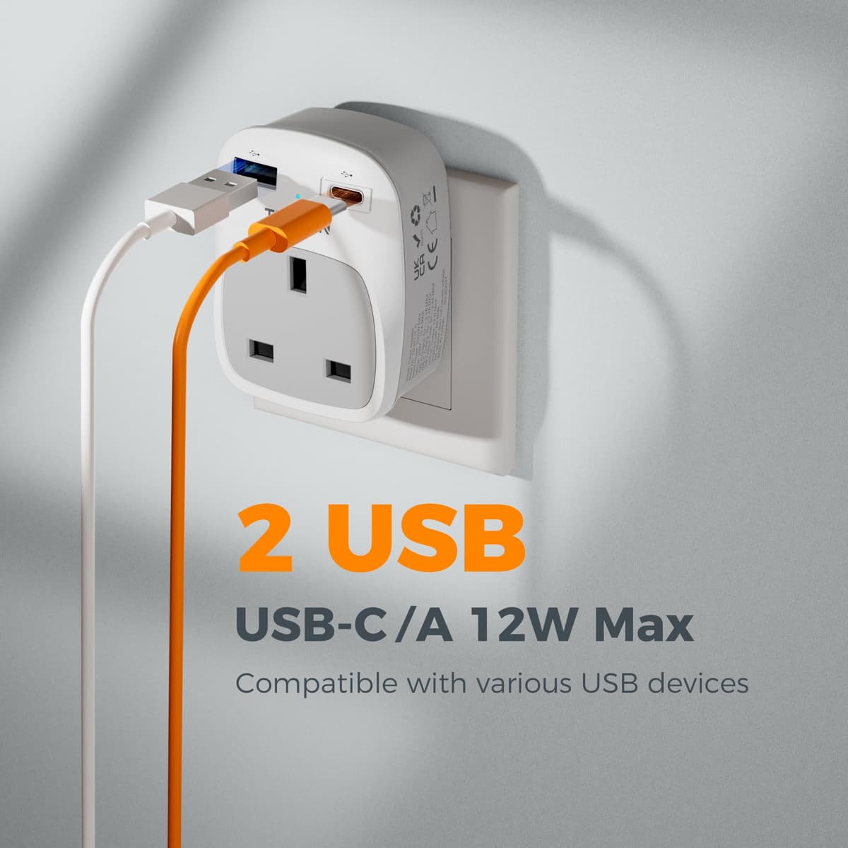 UK to Italy Plug Adapter, TESSAN Grounded Italy Plug Adapter with 2 USB Ports (1 USB C), Italian Travel Adaptor for Chile Ethiopia Libya Syria Tunisia Uruguay (Type L) — view 3