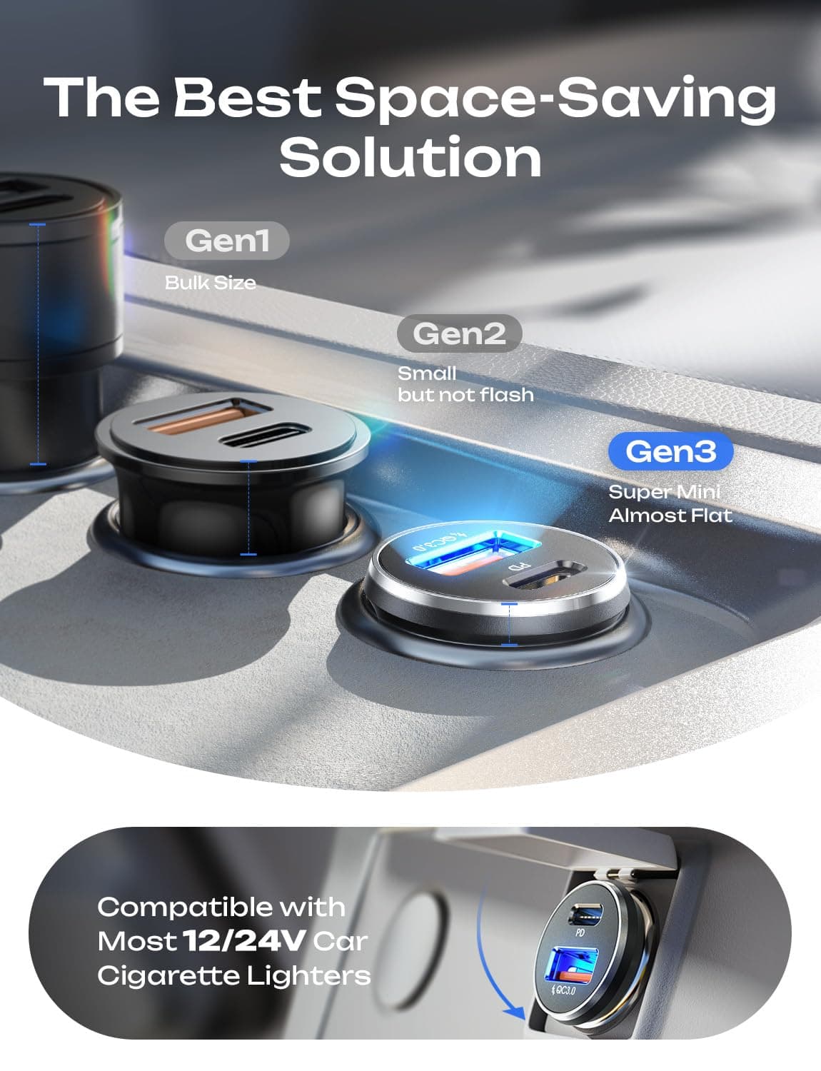 LISEN Car Phone Charger USB C 54W 12V USB Socket [USBC 36W+QC18W] With 60W USB C Cable Car Charger Fast Charge Cigarette Lighter USB Charger Car Accessories for Men for iPhone 17 Pro Max Samsung S25 — view 6