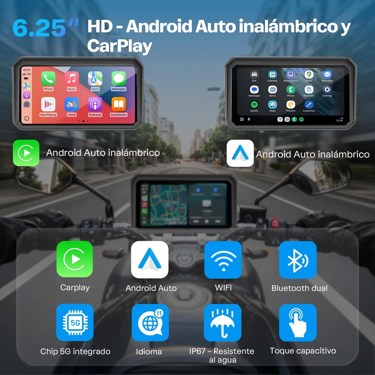 WonVon 6.25 Pulgadas CarPlay para Motocicleta Sistema de Navegación GPS con Apple CarPlay y Android Auto Pantalla Portátil con Doble Bluetooth, Navegación, Siri, Asistente de Google Soporte magnética — view 2