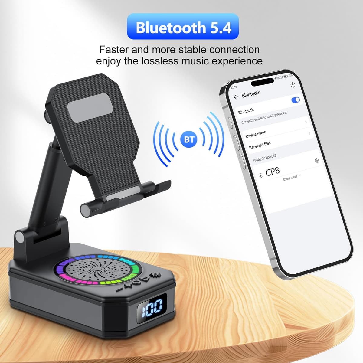 Altavoz Bluetooth Pequeño, Altavoz Portátil Bluetooth con Soporte para Móvil, Base Antideslizante, Sonido Envolvente HD, Recargable, Regalo Original para Hombre Mujer, Compatible con iOS y Android — view 4