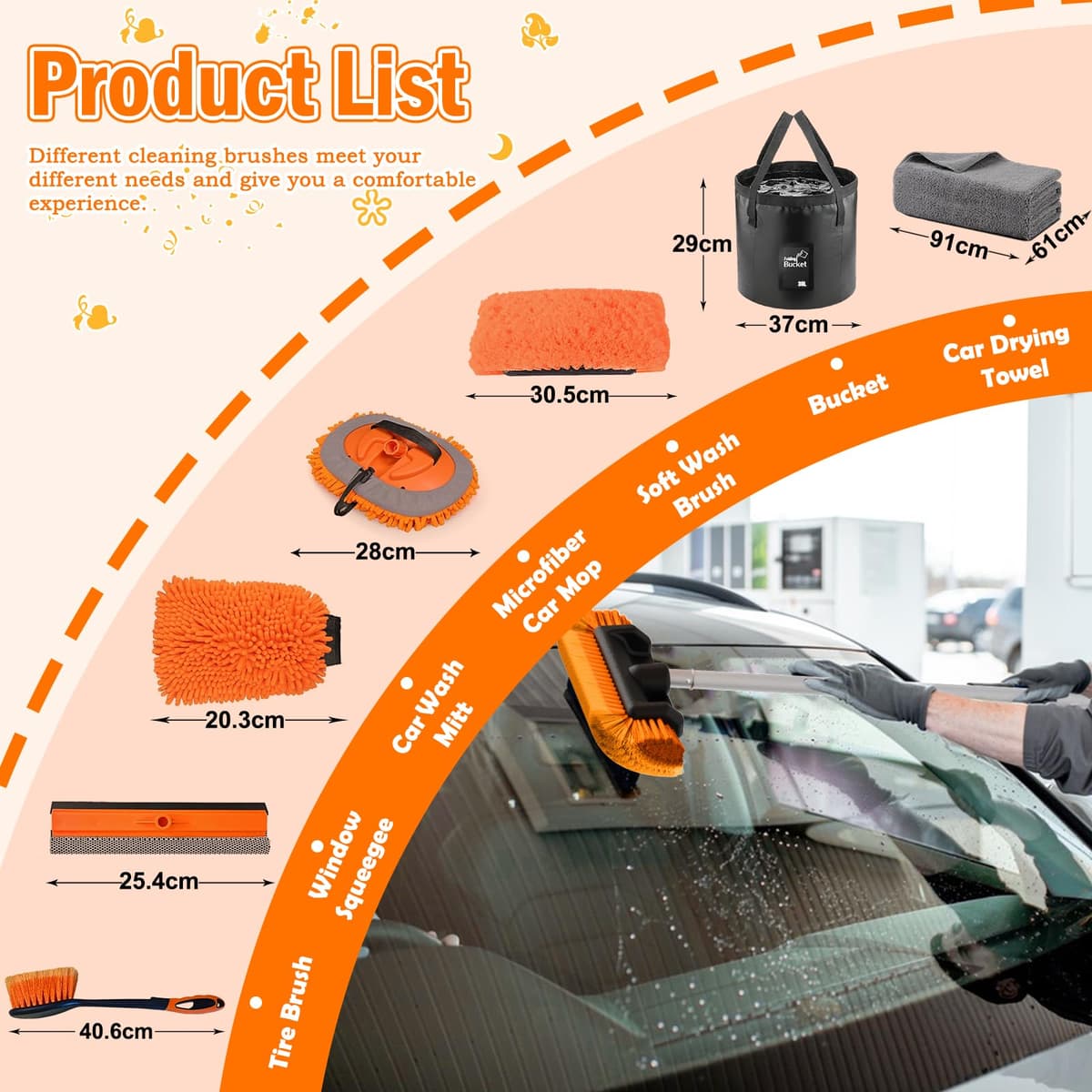 3.6m Car Wash Brush Long Handle, Car Cleaning Brush Kit with Soft Bristle Brush, Microfiber Cleaning Mop, Telescopic Window Cleaner, Mitt, Wheel Brush, Bucket for Caravan, Solar Panel, Boat — view 2