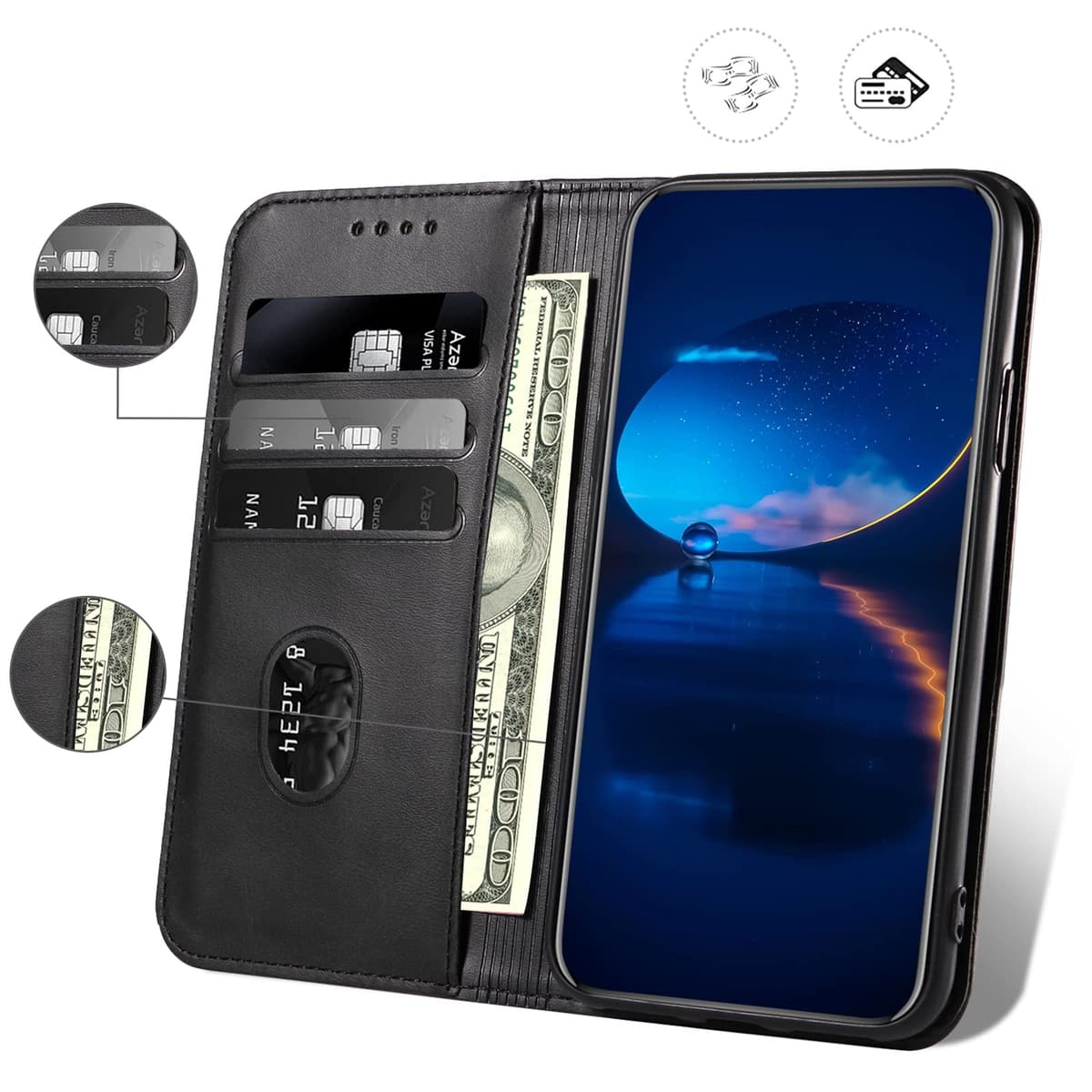 Case for OPPO Find X3 Lite, Classic PU Leather Magnetic Wallet Case, Flip Folio Protective Phone Cover Compatible with OPPO Find X3 Lite, Black — view 3