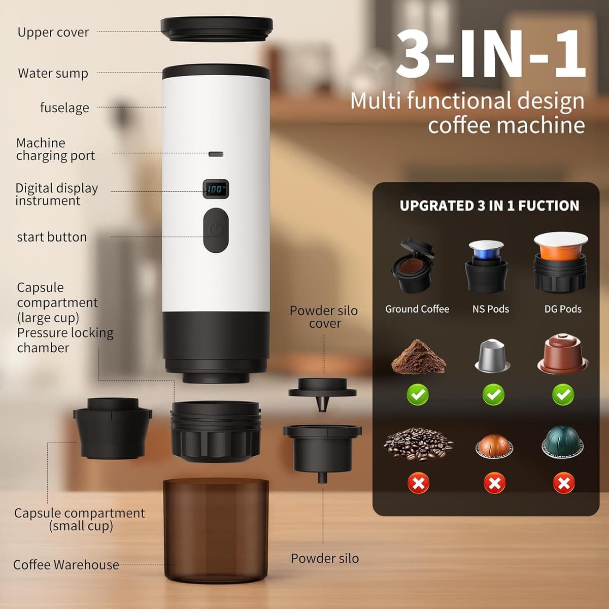 3-in-1 Portable Coffee Maker, 15 Bar Portable Espresso Machine with LED Display and 90ml Sink, Compatible with Ground Coffee & Capsules(Ns&DG) for RV, Hiking, Office, Auto-Heating, USB-C (Purple) — view 7