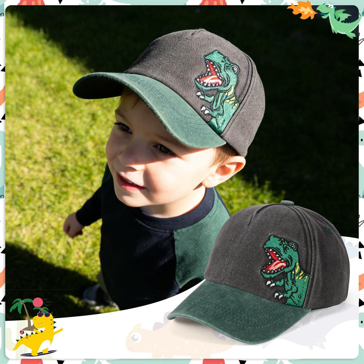QKURT Gorra de béisbol Infantil con diseño de Dinosaurio, Ideal para el Sol, Ideal para el Verano, con protección Solar, Ajustable, Ideal para la Playa, para Jugar al Aire Libre, de 2 a 8 años. — view 6