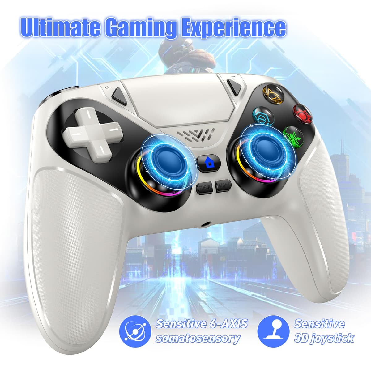 Gamrombo LED Wireless Controller for PS5, Compatible with PS5 Pro/Slim/PC, Dual Vibration, Macro/Turbo Function, 3.5mm Audio Jack, 6-Axis Motion Control Gamepad with Speaker(White) — view 3