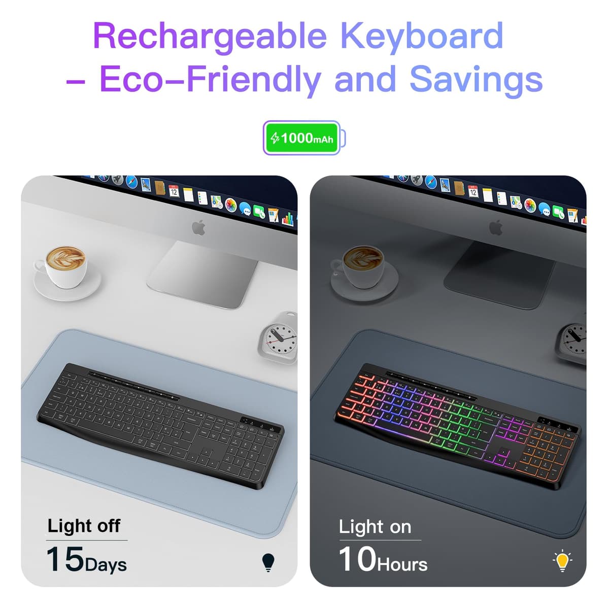 TECURS Wireless Keyboard QWERTY UK Layout, 2.4G Wireless Gaming Keyboard, LED Backlit, Ergonomic, Quiet, Rechargeable, Full Size Keyboard with Multimedia Keys for Computer/PC/Laptop/MAC/Windows — view 4