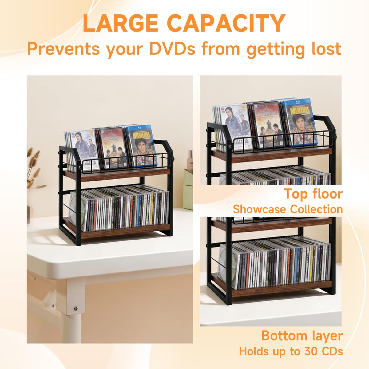 2-Tier CD Storage Rack & Tower, Vinyl Record & CD Holder with Display Shelf, Industrial Retro Wood & Iron Organizer for LPs, CDs, DVDs, Games, Magazines, Space-Saving Desktop CD Stand — view 5