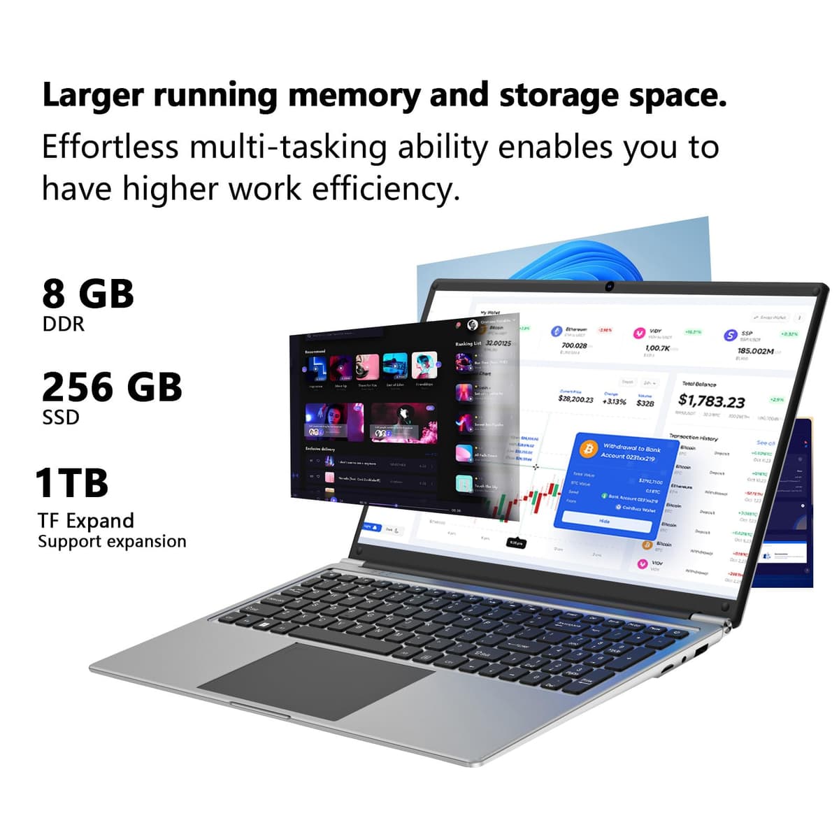 laptop 16-inch 8GB DDR 256GB SSD portable laptop computer, expandable to 1TB, AMD A9-9400 Radeon R5 CPU up to 3.2 GHz, 9000mAh battery, Numeric Keypad, USB 3.0, dual-band WiFi, webcam, slim laptops — view 4