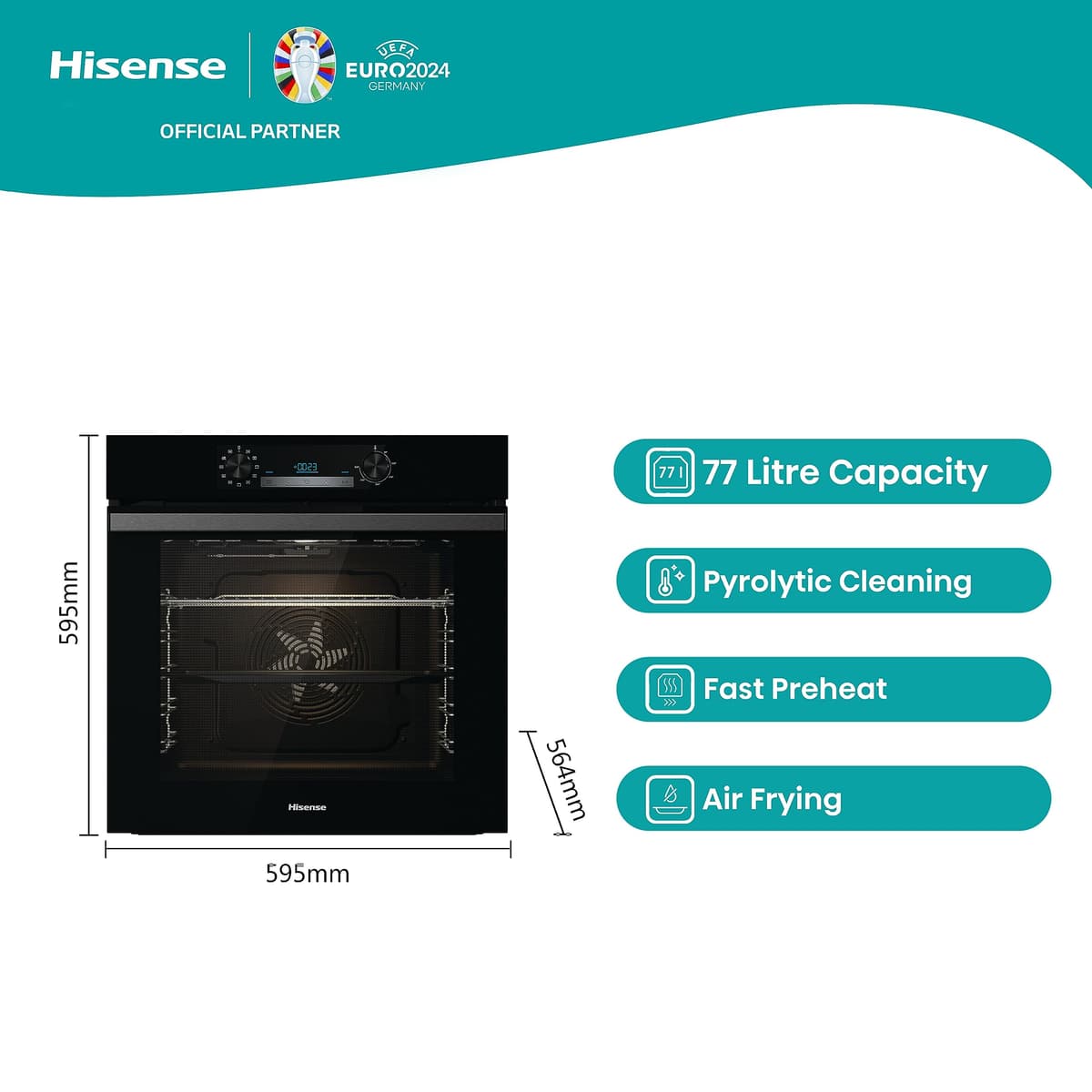 Hisense BI64211PB 77 Litre Built In Electric Single Oven With Pyrolytic Cleaning, Pizza Mode, Multiphase Cooking- Black 22x23x23 inches (LxWxH) - A+ Rated, Extra Large — view 3