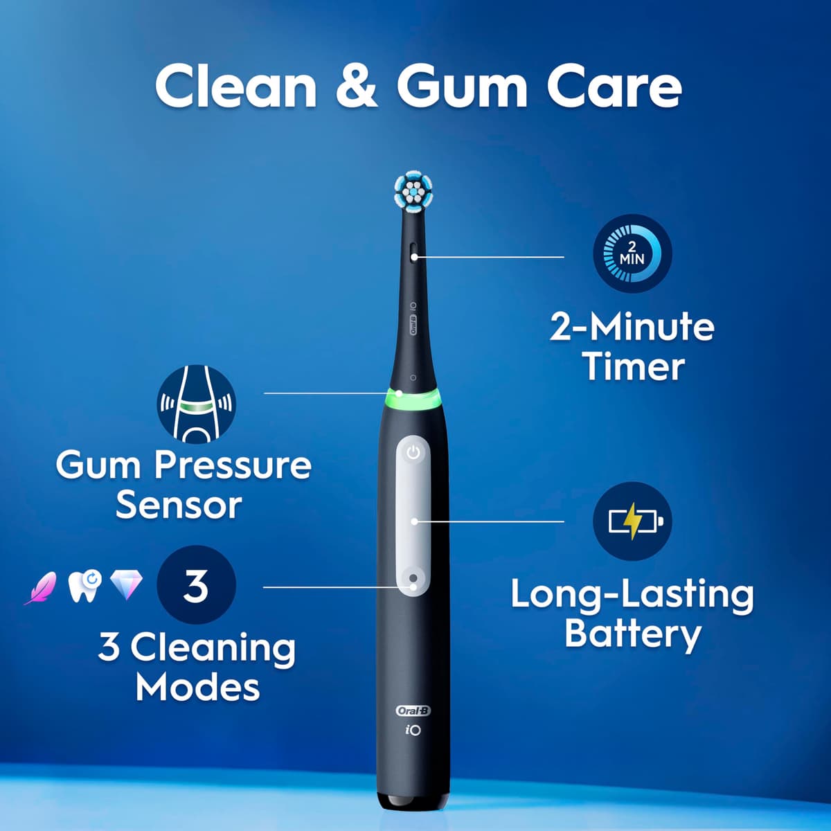 Oral-B iO 3 Matt Black Ultimate Clean Electric Toothbrush, 1 Refill Holder, 1 Charger Pouch, 1 Travel Case, Designed by Braun, Packaging May Vary — view 3