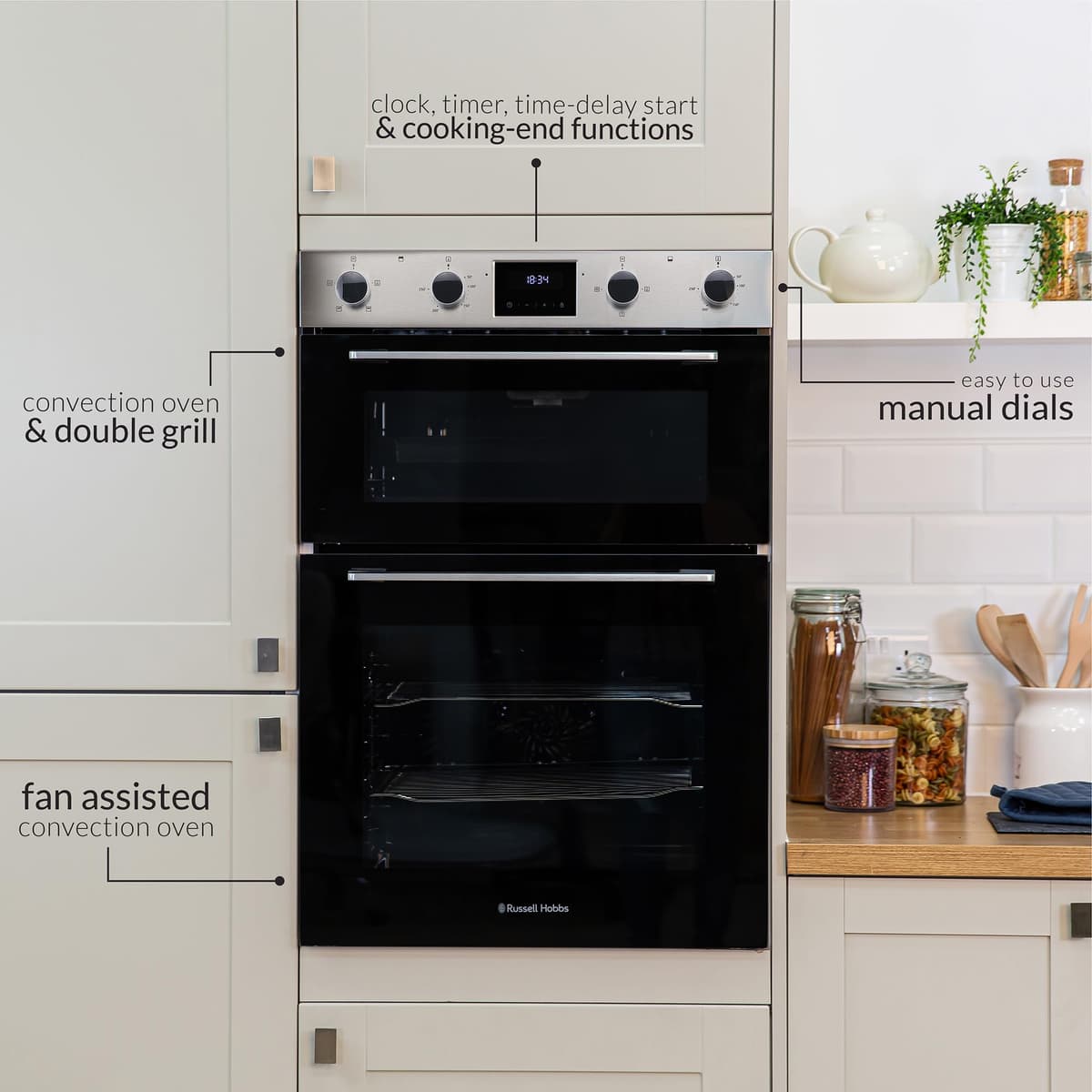 Russell Hobbs 89cm High, 60cm Wide, Stainless Steel, 110L, Built-In, Electric Fan Double Oven, RH89DEO2002SS - Free 2 Year Guarantee — view 3