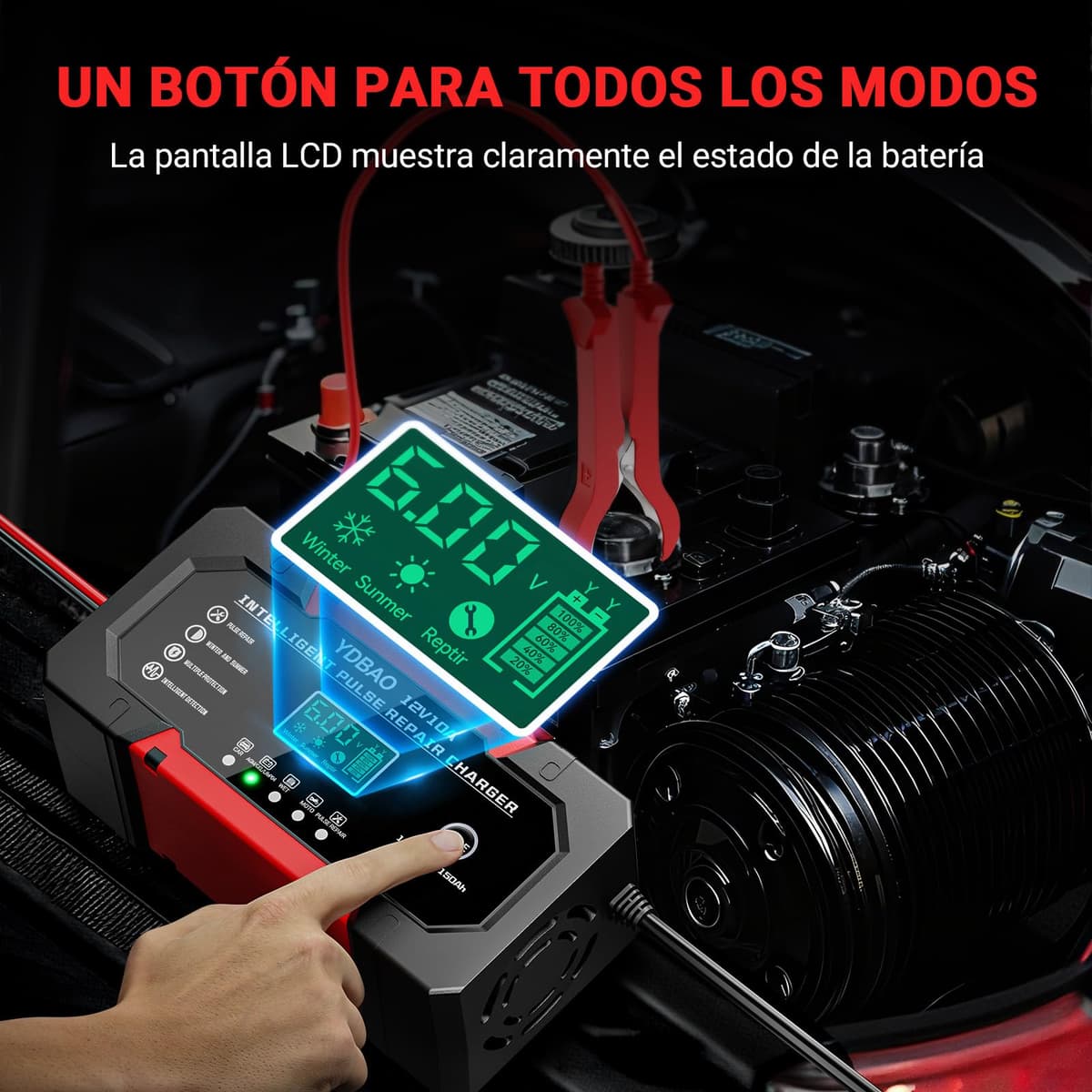 YDBAO Cargador Baterias Coche 12V 10A Cargador de baterias Coche y Moto Inteligente con Reparación y Pantalla LCD y Múltiples Protecciones Cargadors de batería para Auto,Moto, Camión, AGM, SLA, Gel — view 4