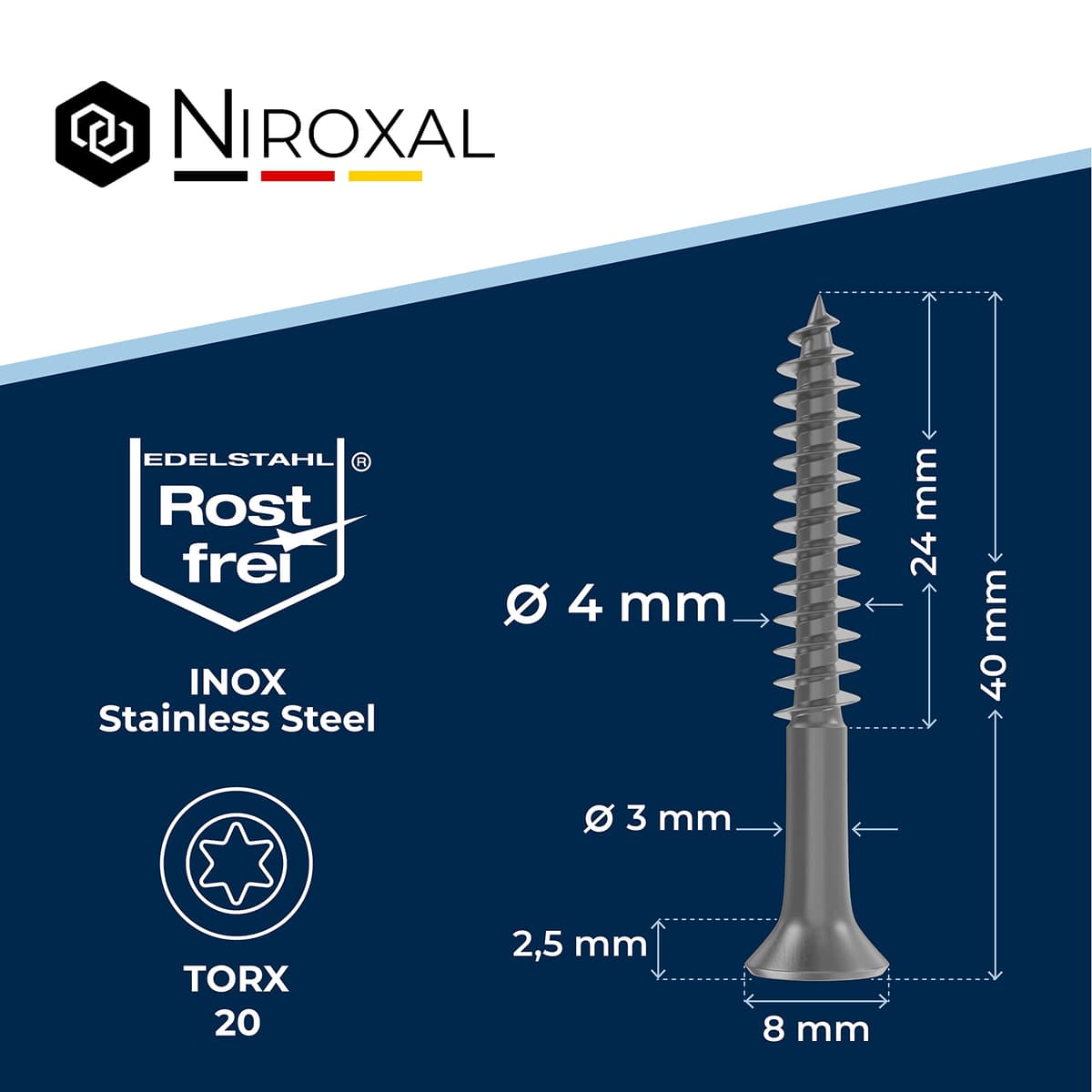 Tornillo de cabeza avellanada TORX de acero inoxidable fabricado en V2A 4-mm de espesor 40-mm de longitud del tornillo 200 piezas Rosca parcial de 24-mm Tornillo para madera 4x40 — view 2