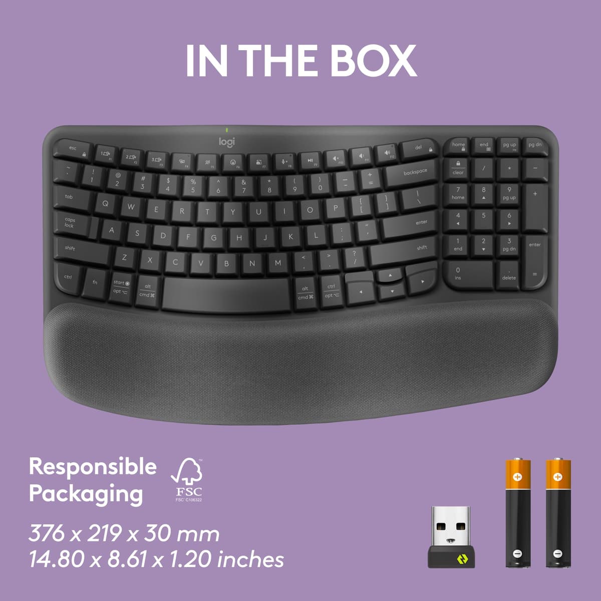 Logitech Wave Keys Wireless Ergonomic Keyboard with Cushioned Palm Rest, Comfortable Natural Typing, Easy-Switch, Bluetooth, Logi Bolt Receiver, for Multi-OS, Windows/Mac, UK English QWERTY - Graphite — view 10