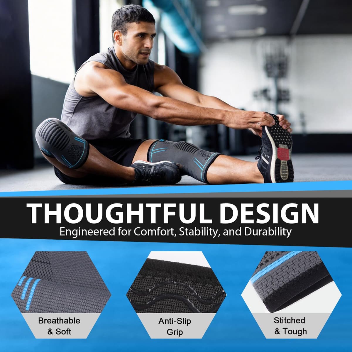 Pack de 2 Rodilleras, Antideslizante Rodilleras Crossfit, Aliviar el Dolor Articular, Knee Brace, Transpirable Rodillera para Gym, Voleibol, Baloncesto, Correr, Bicicleta, Unisex (Línea Azul-XL) — view 5