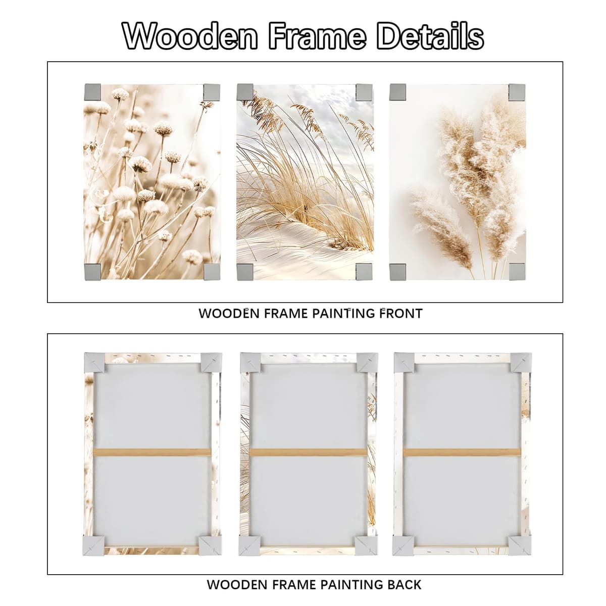3Pcs Wooden Framed Canvas Wall Art Set Beige Dandelion Pampas Grass Reeds Painting Canvas Prints Coastal Beach Seascape Pictures for Living Room Bedroom Kitchen Hallway Stairs Wall Decor 30x40cm x3pcs — view 5