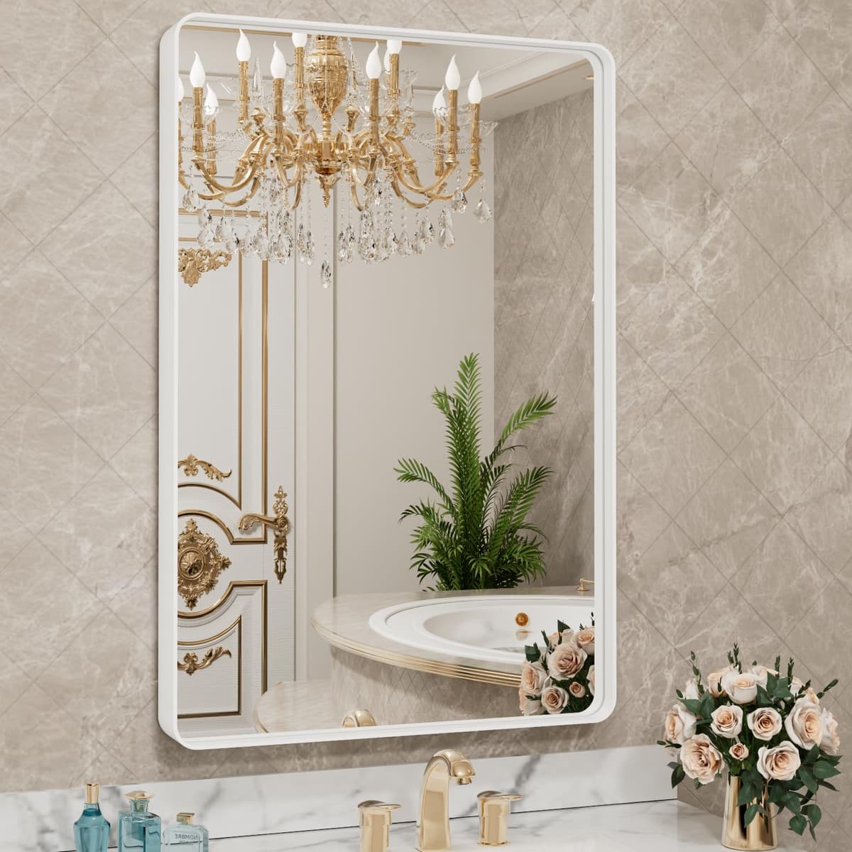 LOAAO 48”X36” Gold Bathroom Mirror, Rounded Rectangle Gold Frame Mirror, Brushed Gold Bathroom Vanity Mirror Wall-Mounted, Anti-Rust, Tempered Glass, Hangs Horizontally or Vertically — view 12
