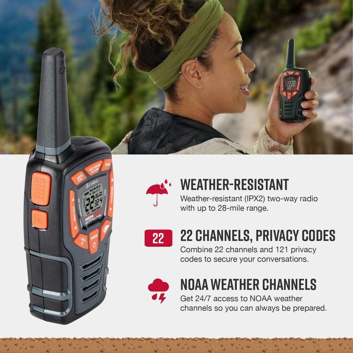 COBRA ACXT545 Walkie Talkie - 28 Mile Range, 22 Channels, Black - Outdoor Enthusiasts — view 3