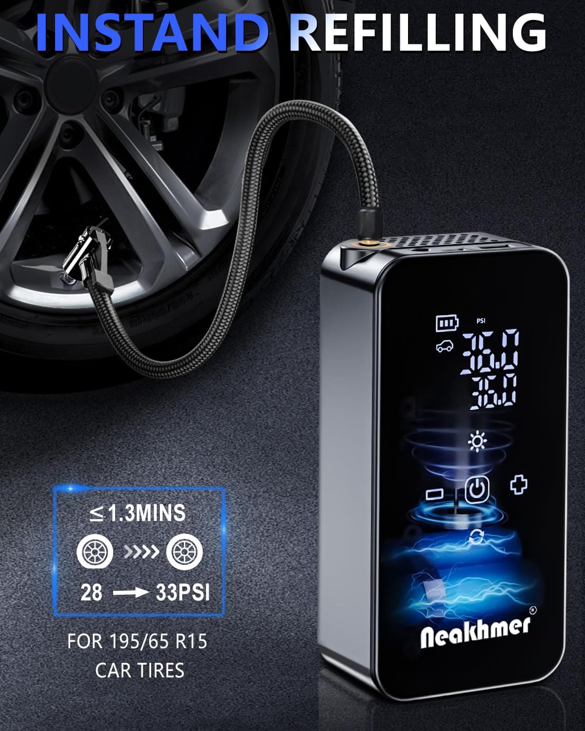 Inflador Ruedas Coche Hinchador Electrico: Mini Compresor Aire Portatil 150 PSI, con batería de 6000 mAh, Bomba Bicicleta 12 V con medidor de presión de neumáticos para Coche,Bicicleta y Motocicleta — view 2