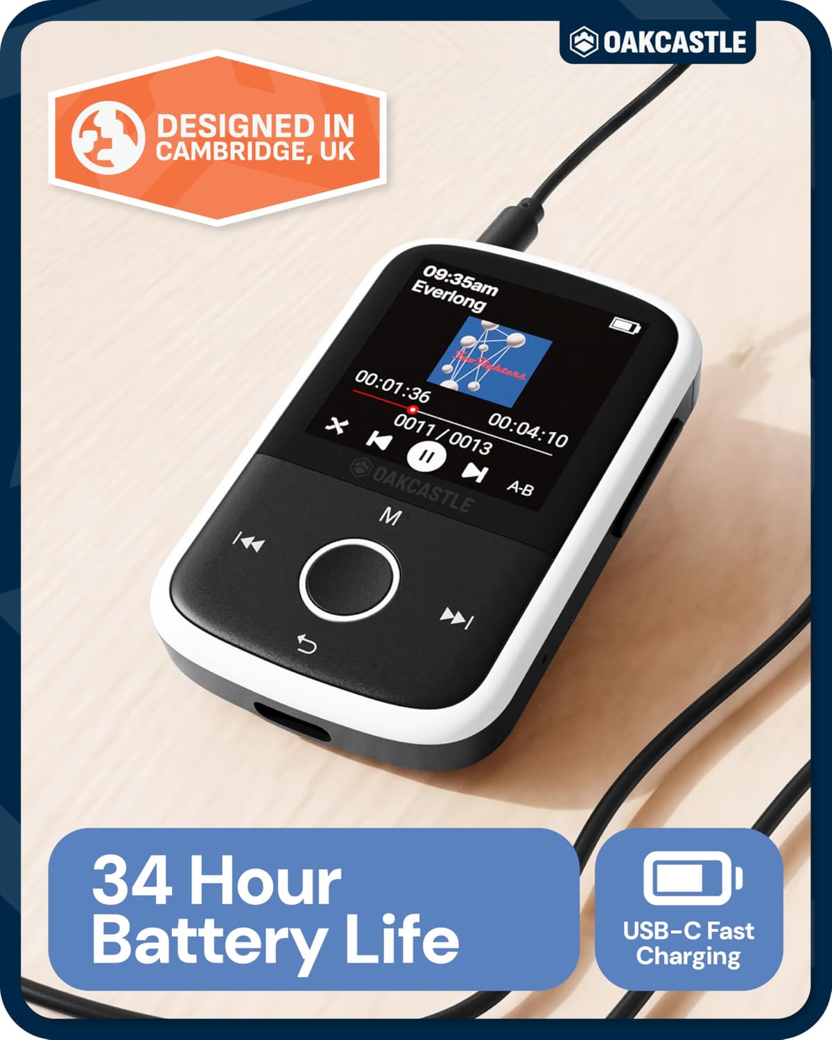 Reproductor MP3 Bluetooth con Clip Deportivo | Auriculares incluidos | Memoria de 16GB, Ampliable a 128GB | Pantalla HD a Color, 34h de batería | SD y USB-C | Reproductor MP3 Oakcastle MP250 — view 3