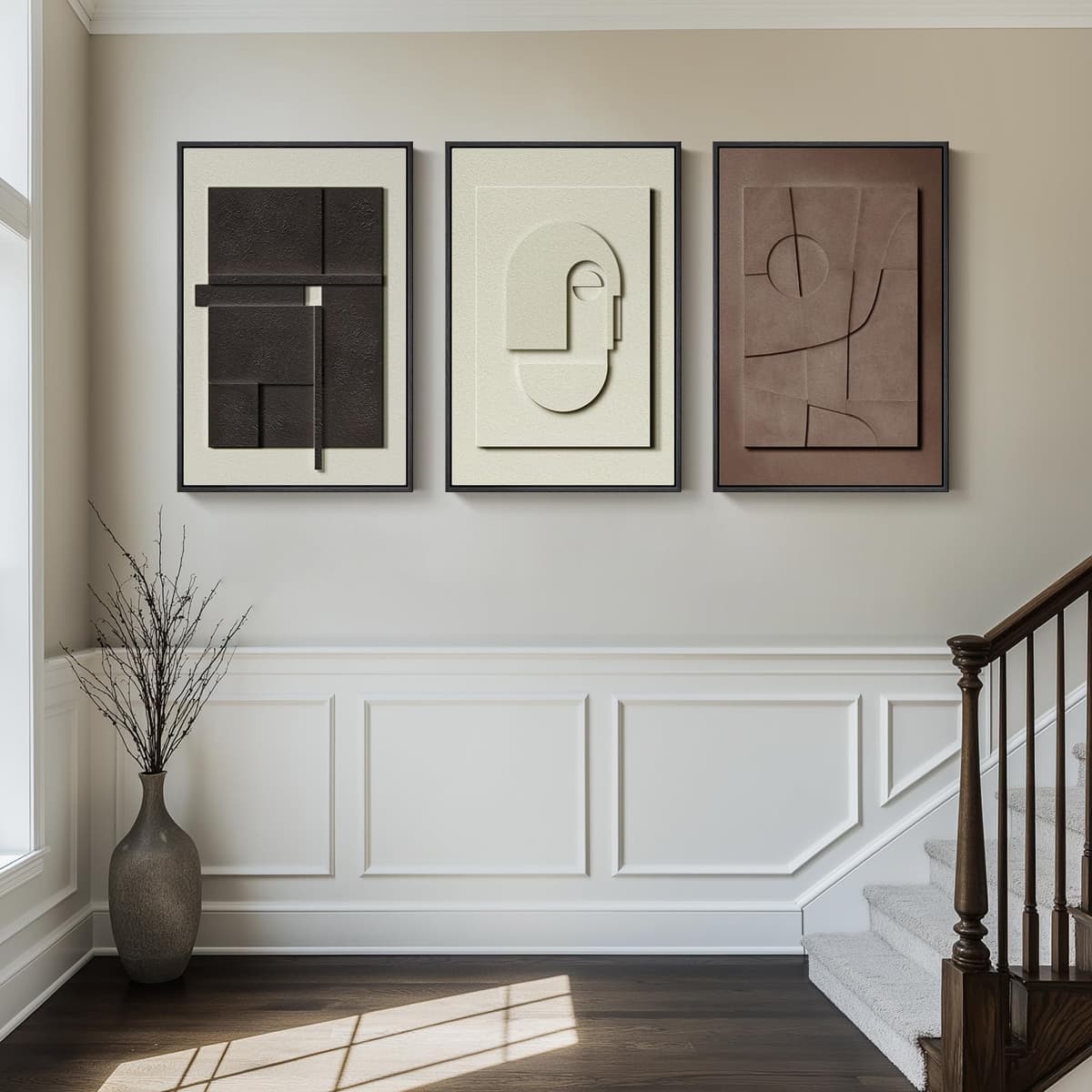 Large 3D Textured Framed Abstract Wall Art for Living Room, 3 Piece Modern Paintings Artwork for Walls, Black White Brown Geometric Sandstone Texture Pictures for Hallway Office Home Decor 24x36 In — view 6