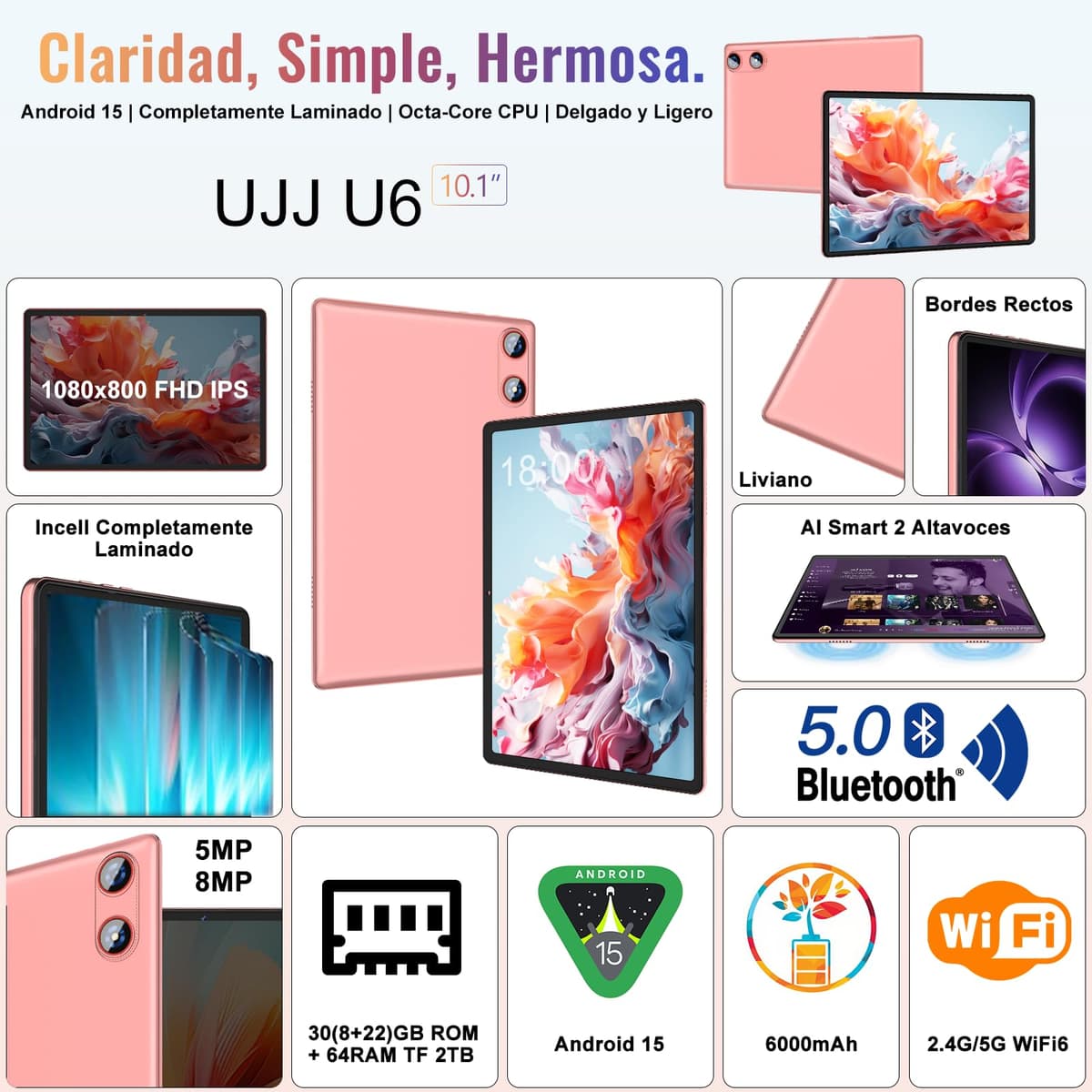 Gemini AI Tablet Android 10 Pulgadas, 64GB ROM + 2TB TF, Octa-Core, 5G WiFi, Widevine L1, GMS, Bluetooth 5.0, 5MP + 8MP, 3.5mm Audio, 1280 * 800 FHD IPS, Tablet con Teclado + Ratón + Protectora, Rose — view 2