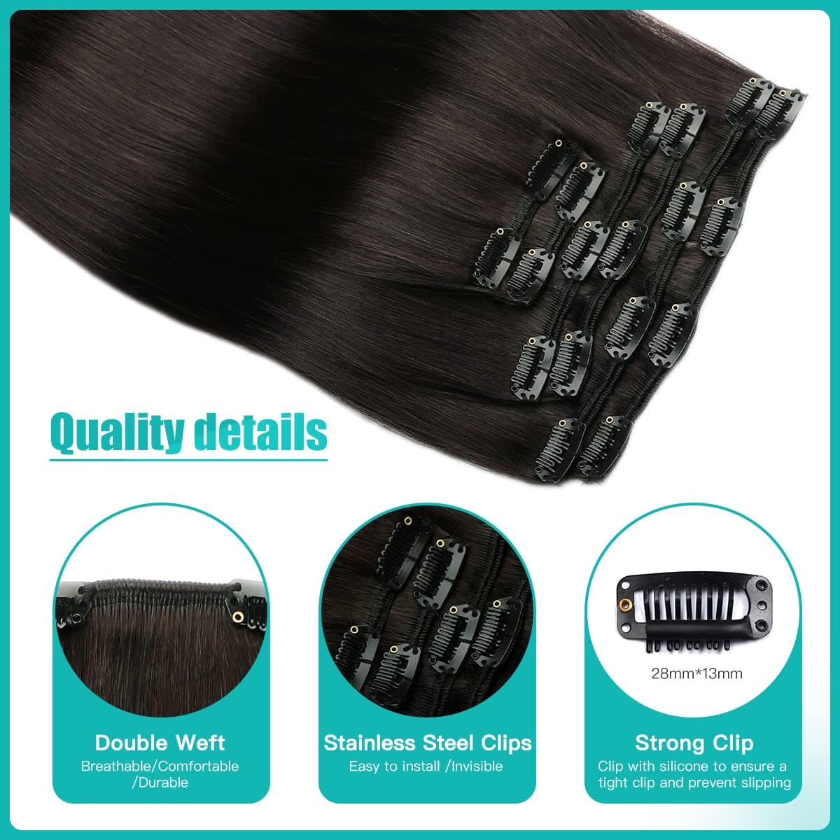SURNEL Extensiones De Clip De Pelo Natural 120g 45cm 6 Piezas Negro Natural Extensiones De Clip De Humano Real Extensiones Pelo Remy(C#1B-45cm) — view 2