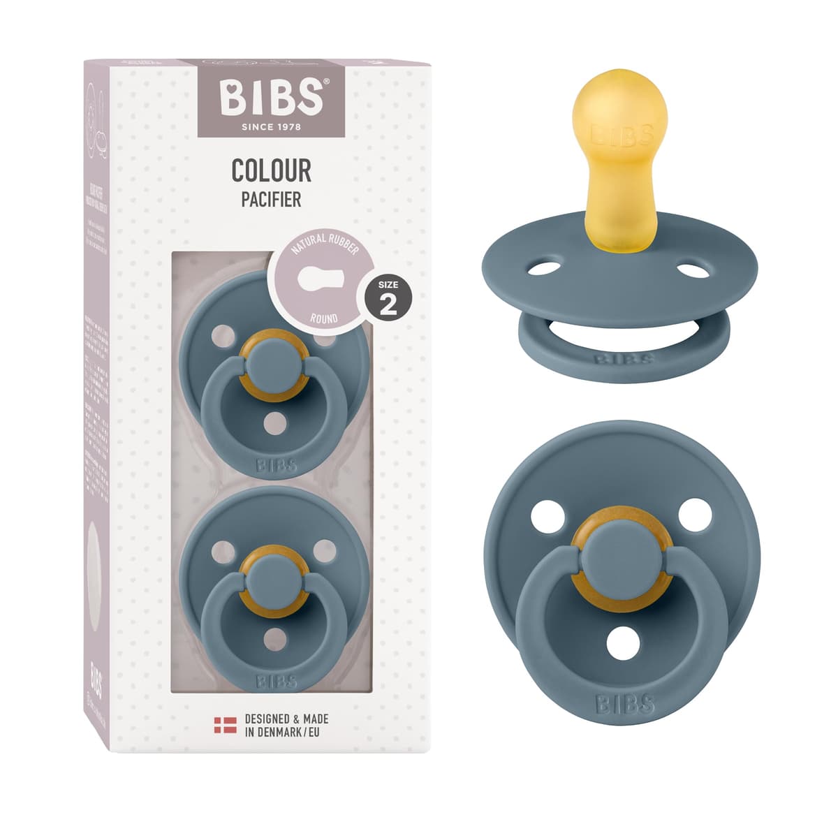 BIBS Colour Soother 2-Pack, BPA Free Dummy Pacifier, Round Nipple. Natural Rubber Latex, Size 2 (6-18 Months), Sky Blue/Steel Blue — view 86
