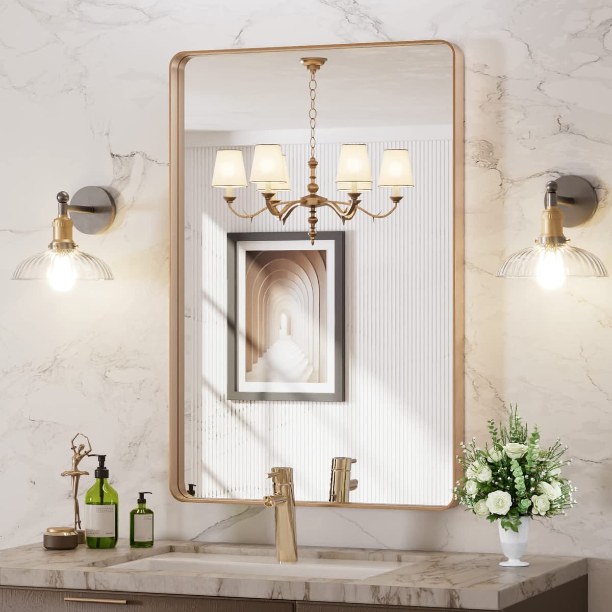 LOAAO 48”X36” Gold Bathroom Mirror, Rounded Rectangle Gold Frame Mirror, Brushed Gold Bathroom Vanity Mirror Wall-Mounted, Anti-Rust, Tempered Glass, Hangs Horizontally or Vertically — view 25