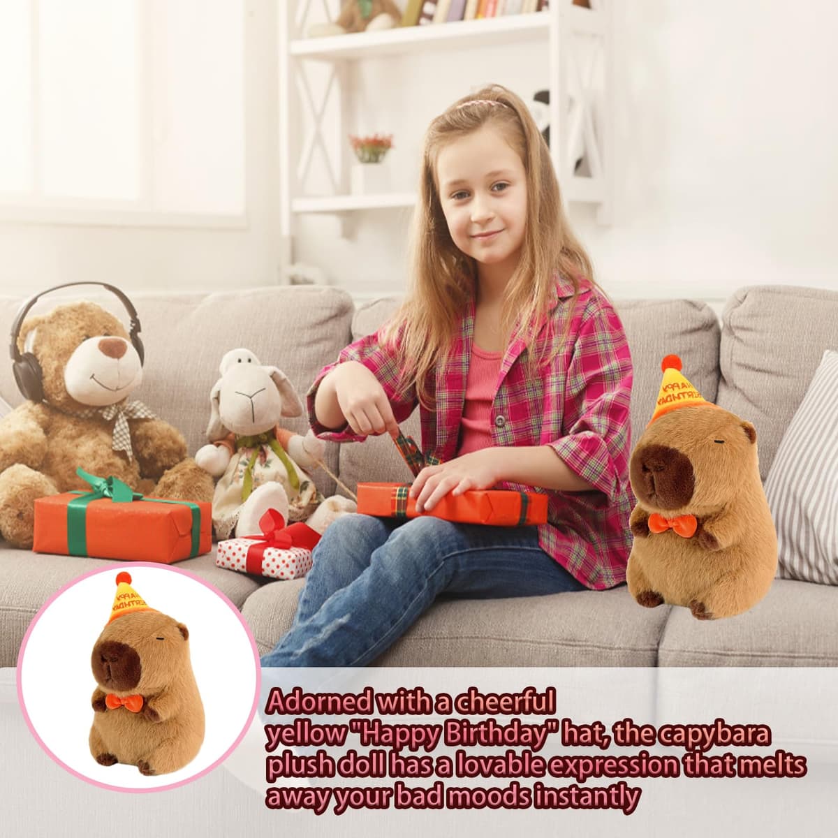Capybara Plush 25cm Soft Stuffed Animal with Birthday Hat, Adorable Capybara Teddy Toy, Perfect Capybara Gift for Birthdays, Playtime, and Home Decoration — view 5