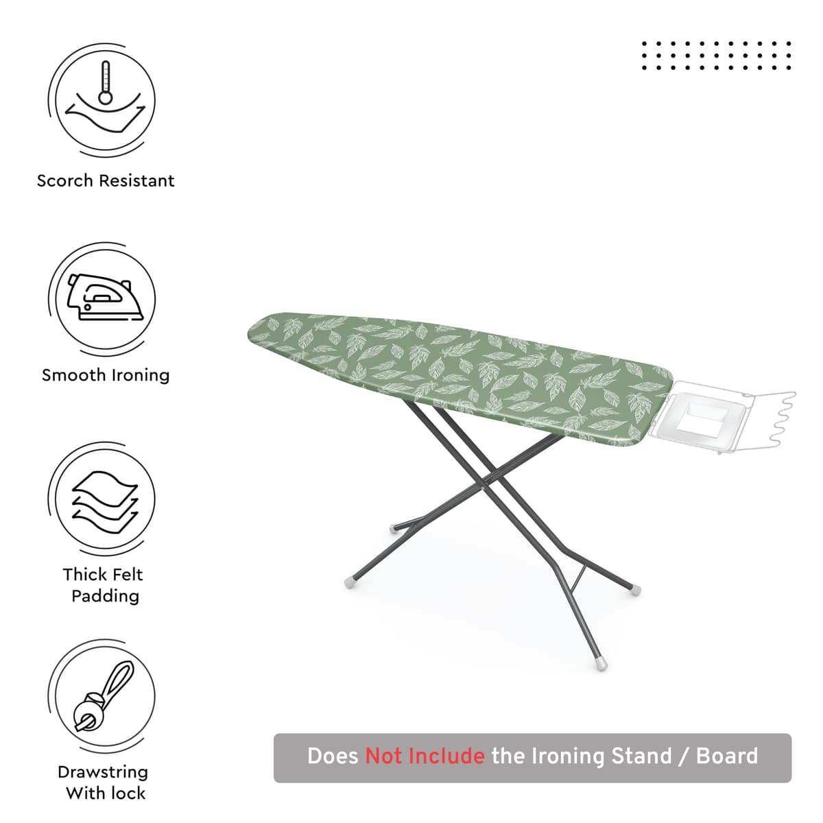 Encasa XO Ironing Board Covers and pad 125x46 cm- Thick 3mm Felt Padding, Drawstring Tightening & Lock, Heat Reflective, Scorch & Stain Resistant, for Wide Ironing Board - Big Leaves Green — view 3