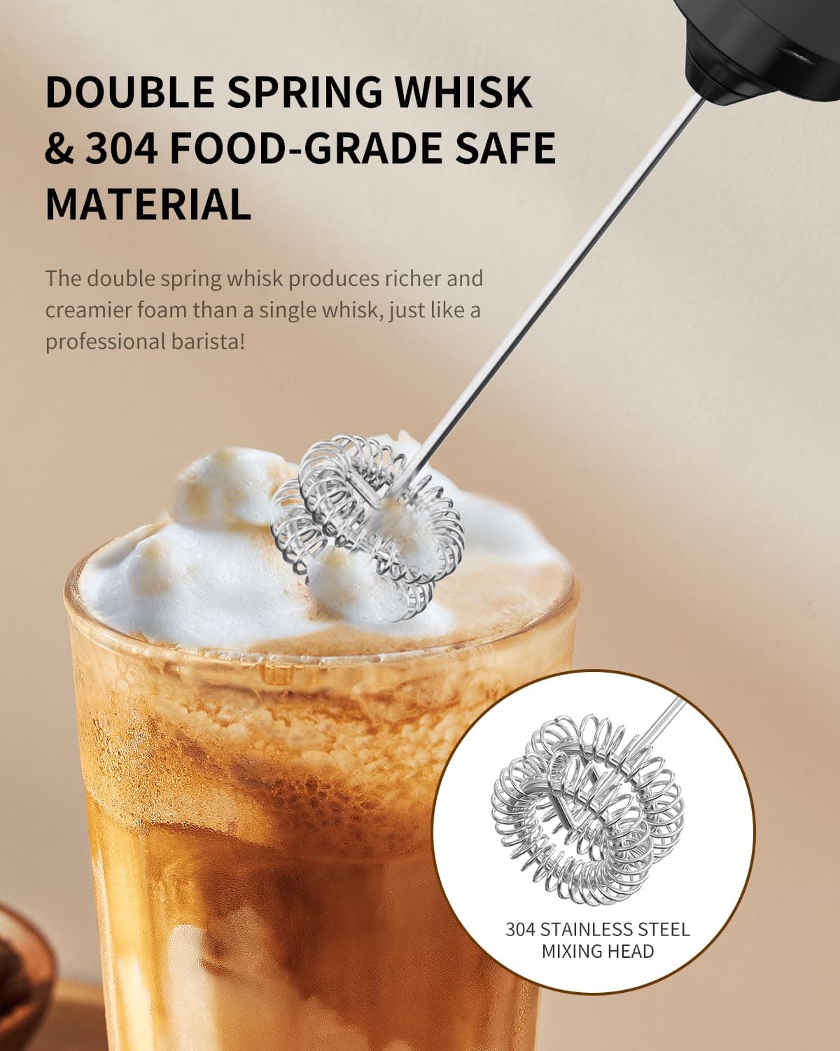 CIRCLE JOY Electric Milk Frother Handheld, Rechargeable Coffee Frother with Dual Spring Whisk, Portable Hand Frother Wand Drink Mixer for Coffee, Hot Chocolate, Cappuccino, Frappe, Matcha, Black — view 4