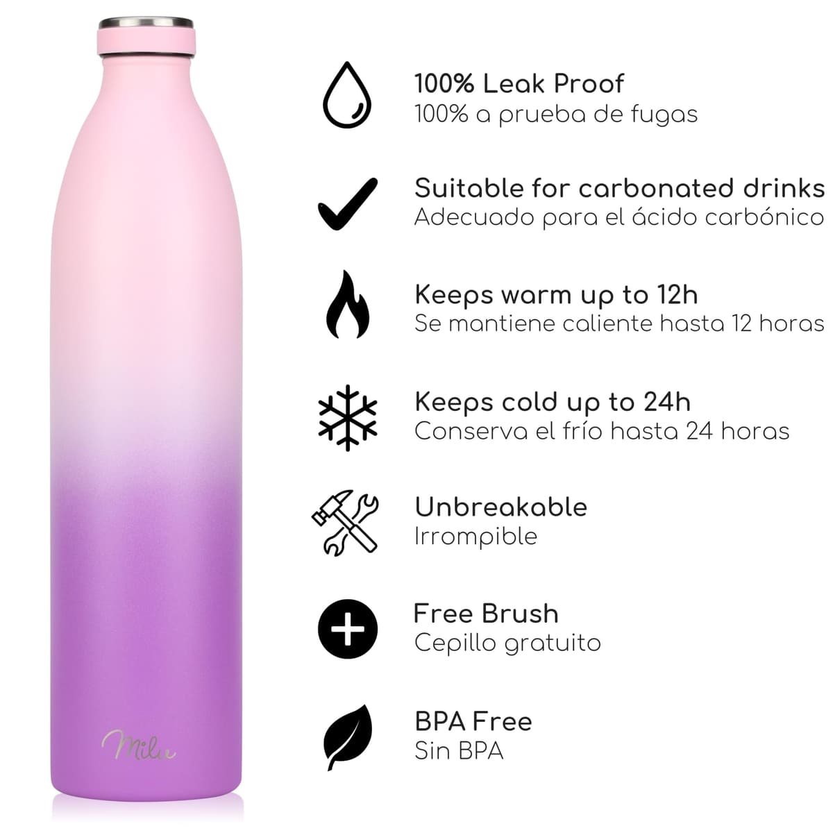 Milu Botella de acero inoxidable de 350ml 500ml 750 ml 1 L 1,5 L botella de agua aislada, termo a prueba de fugas, doble pared, apta para ácido carbónico + cepillo de limpieza (Azul Violeta, 350ml) — view 199