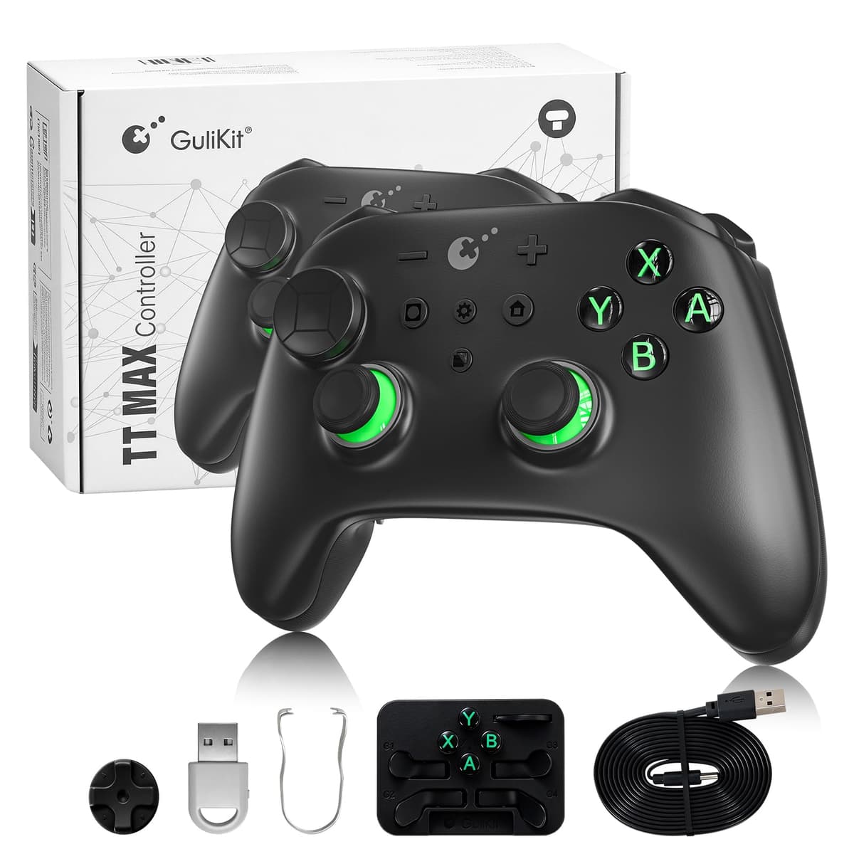 GuliKit TT PRO Mando Inalámbrico para PC, Android, iOS, Switch 1/2, Joystick TMR, con Batería de 950 mAh, Función de Activación y 4 Botones Metálicos Extraíbles en la Parte Trasera, Negro