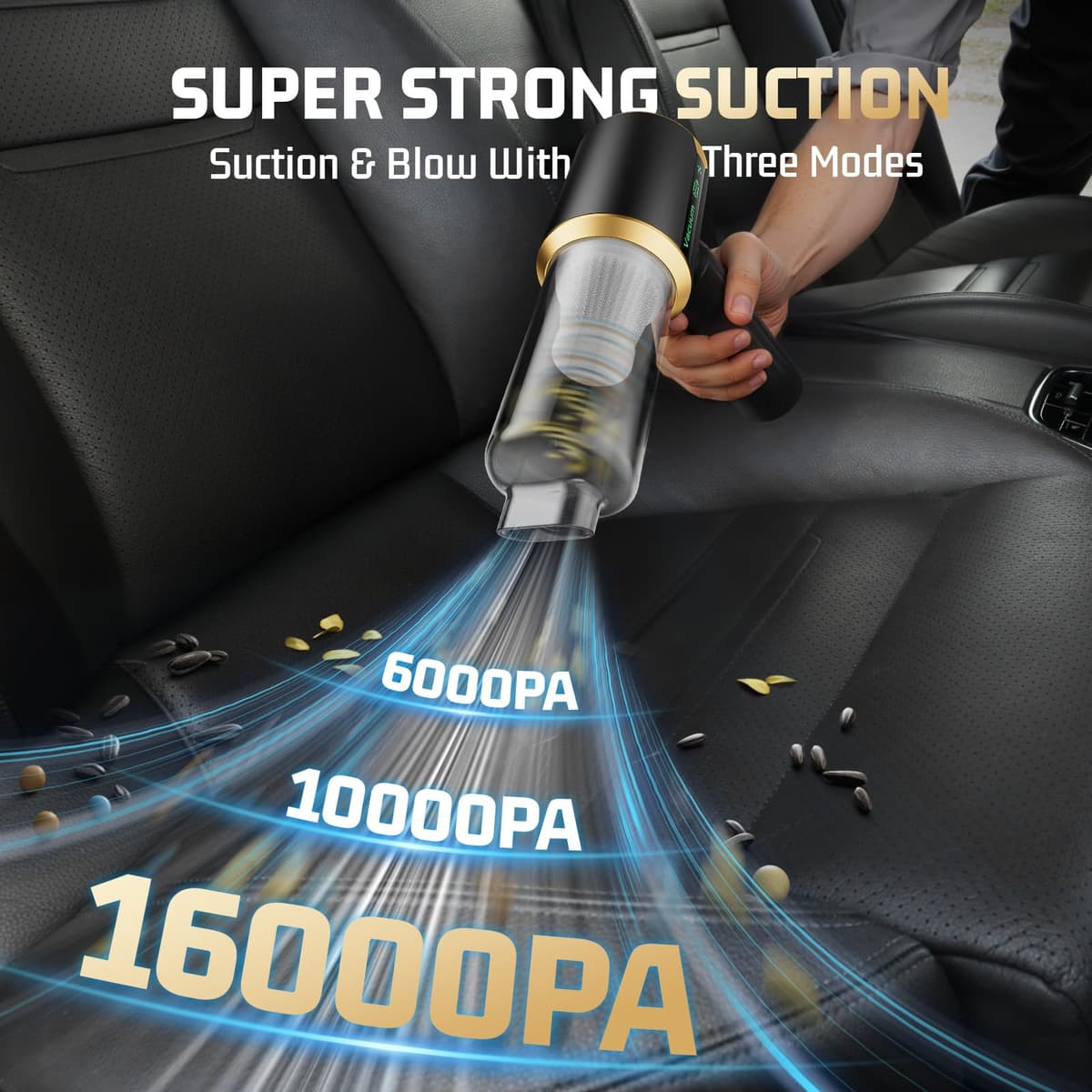 Cordless Car Vacuum Cleaner: Handheld Vacuum with 16000Pa Strong Suction, Brushless Motor & HEPA Filter, 7-in-1 Cleaning Kit, Type-C Charging for Home Office Car Pet - Ashen — view 3