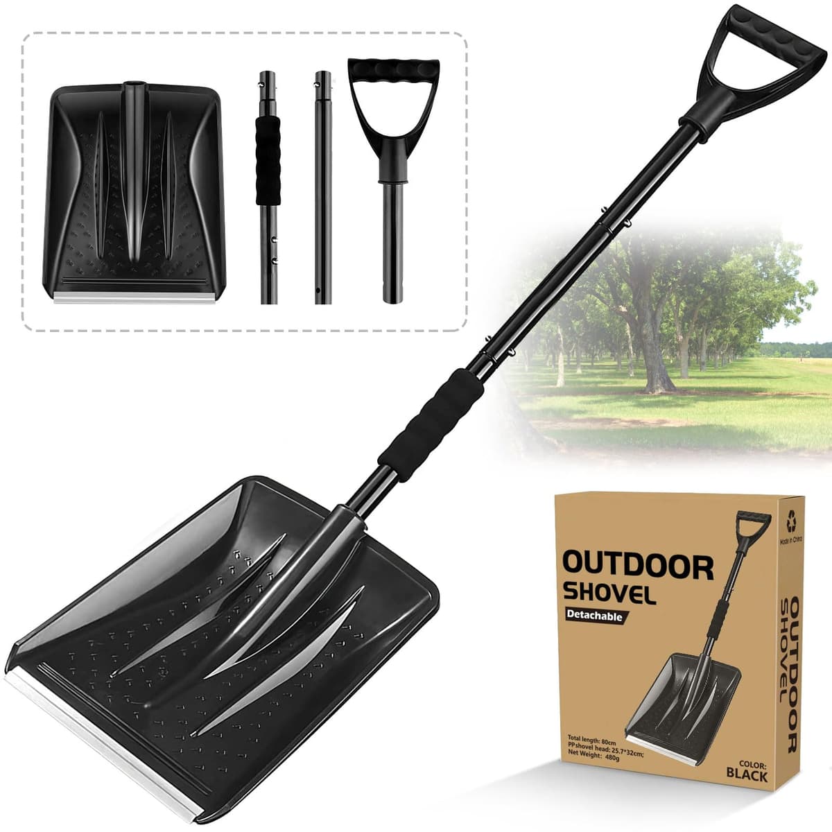 Pala Nieve, Carretilla Elevadora de Nieve de 108 cm, Diseño Desmontable de 4 Piezas, Pala de Nieve Ajustable Portátil Ligera, Gran Capacidad, Camping y Actividades al Aire Libre (Negro)