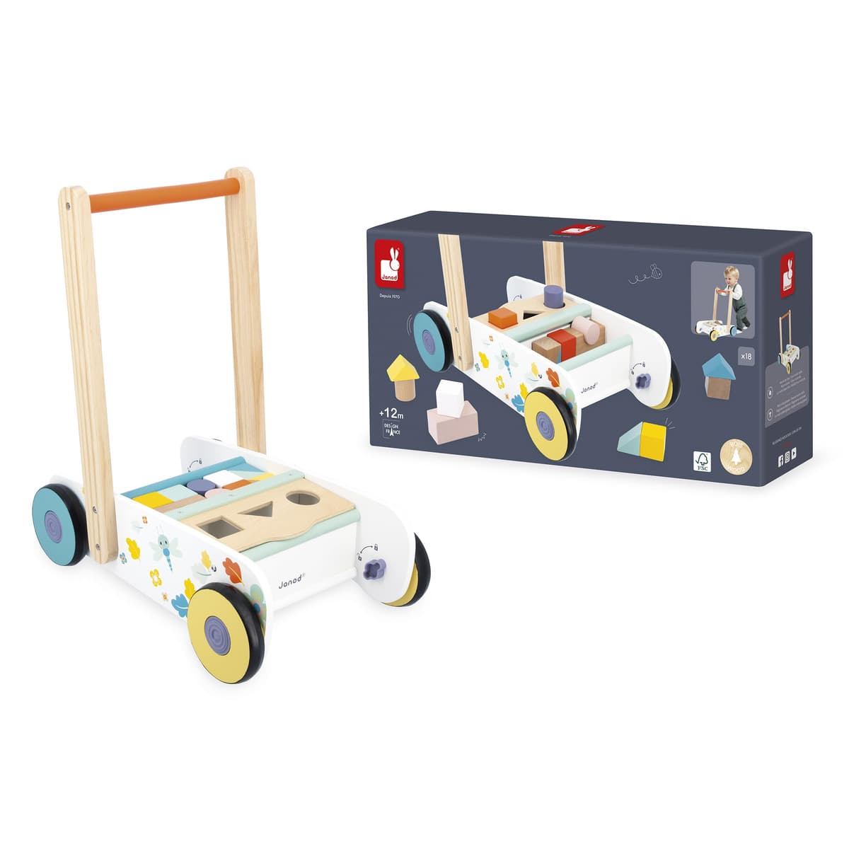 Janod - Carrito para bebés y niños de Madera A Partir de 12 Meses - 18 Piezas de Madera Incluidas + Caja con Forma - Ruedas silenciosas + Sistema de Freno - A Partir de 1 año